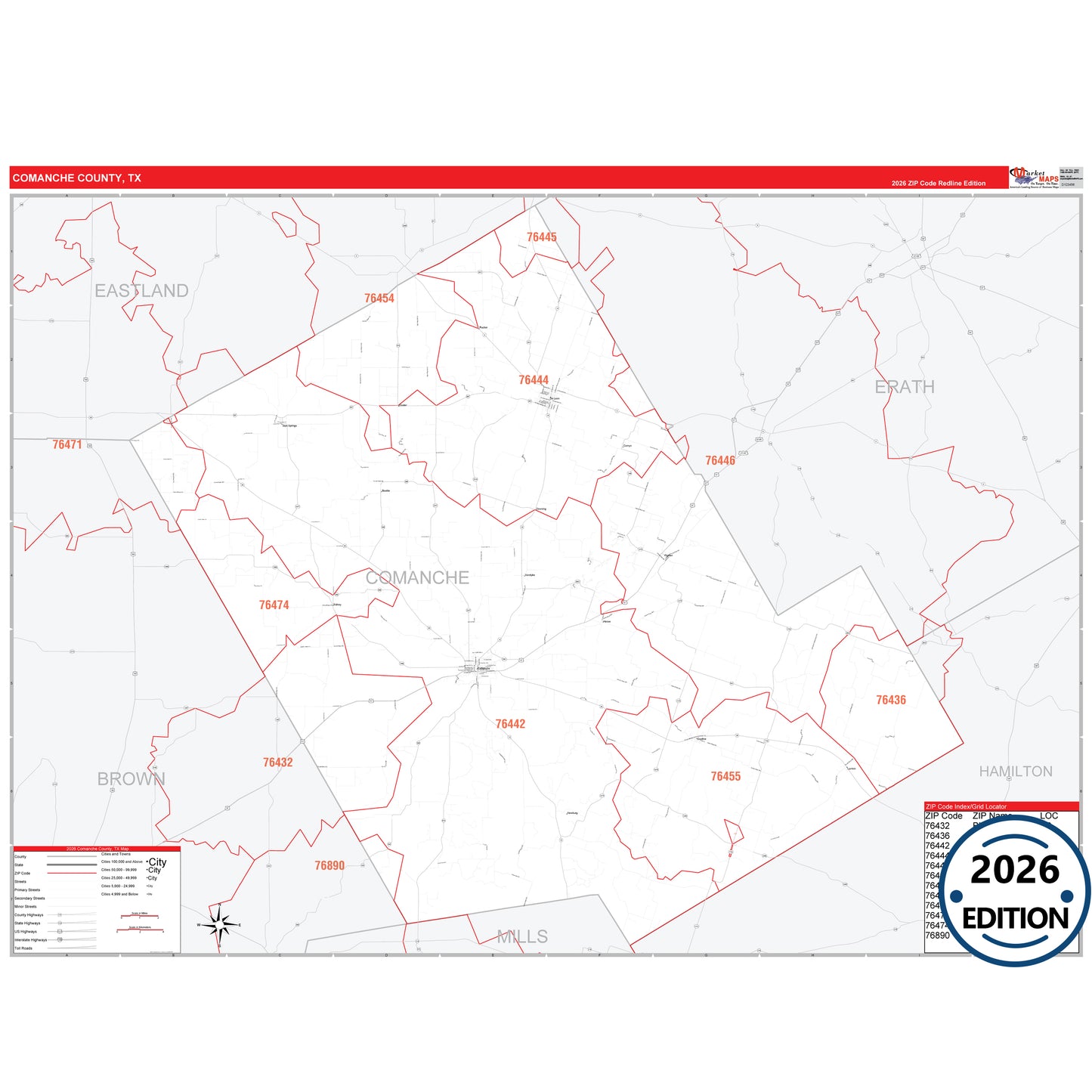 Comanche County, TX Red Line 5 Digit ZIP Code Wall Map