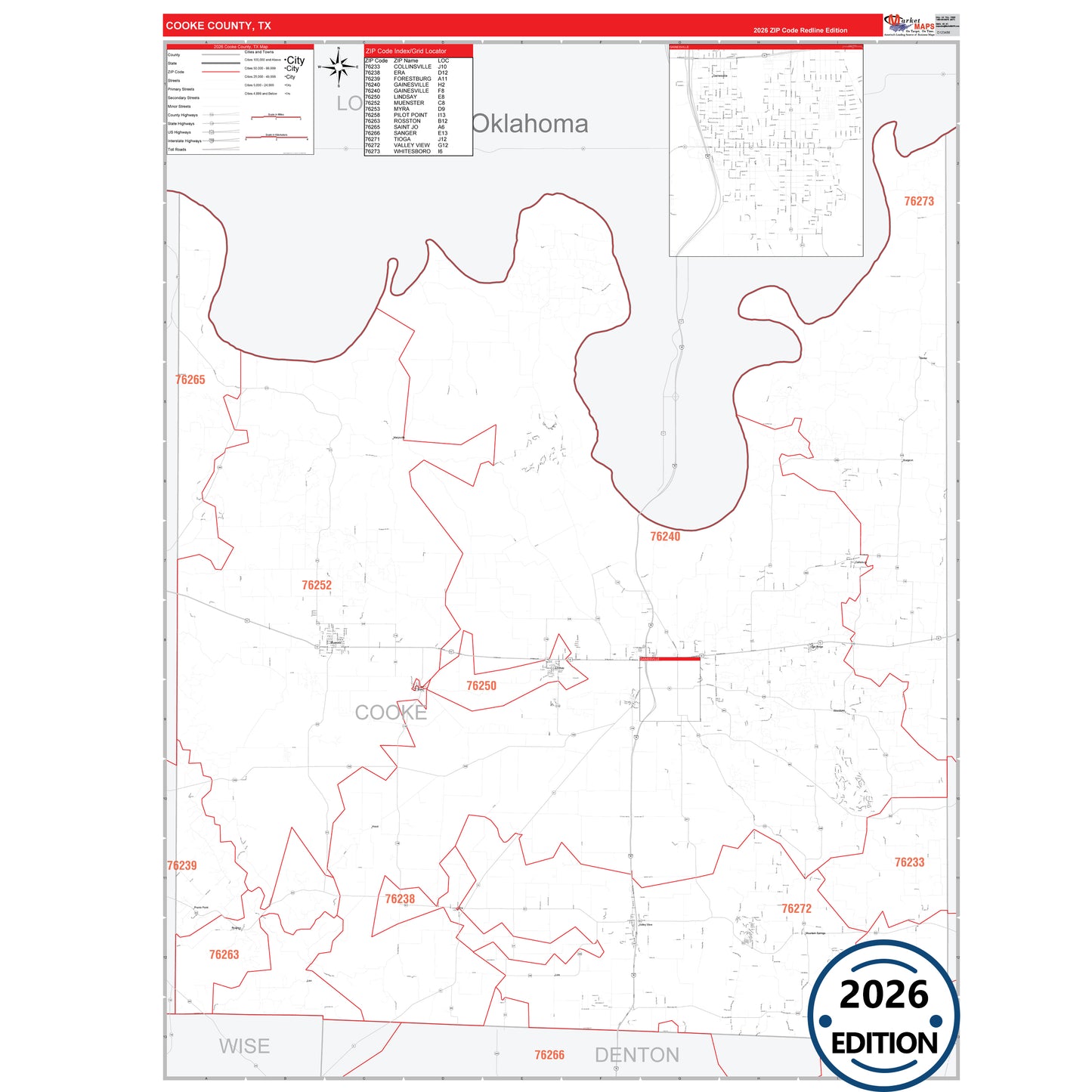 Cooke County, TX Red Line 5 Digit ZIP Code Wall Map