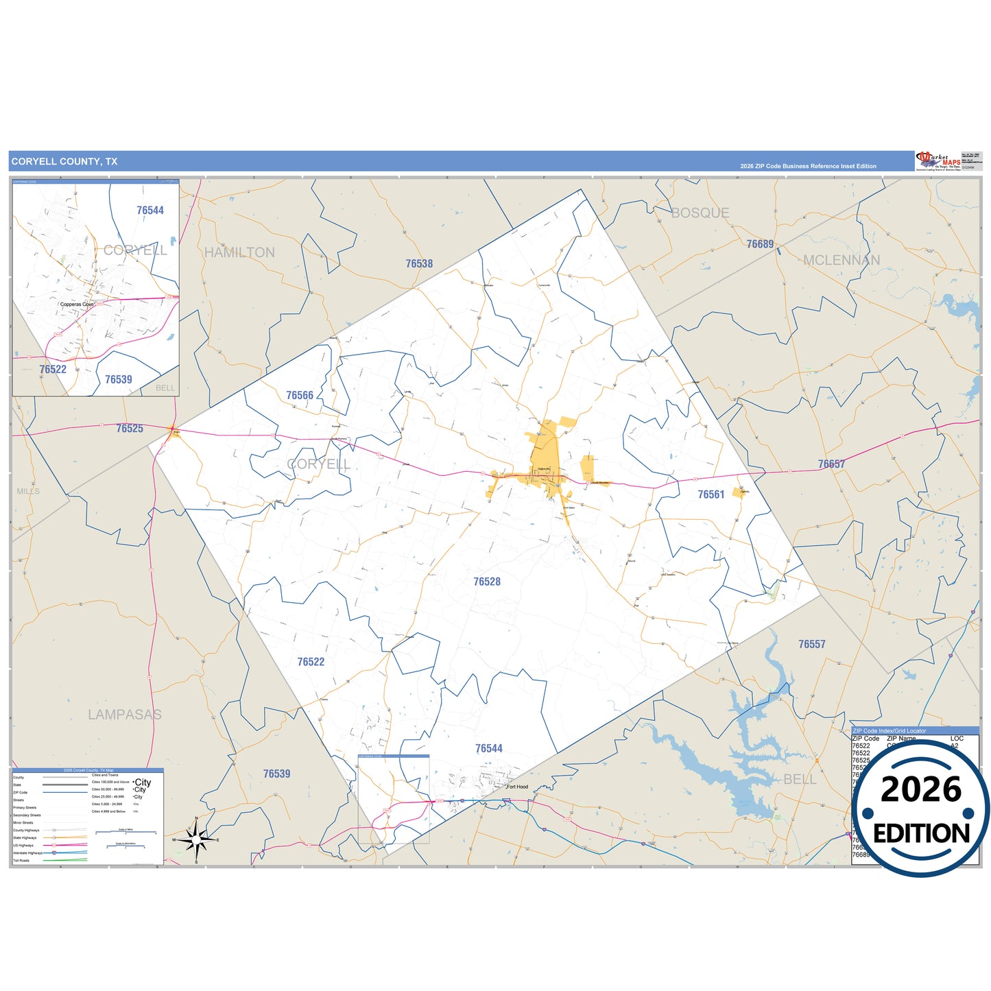 Coryell County, TX Business Reference 5 Digit ZIP Code Wall Map