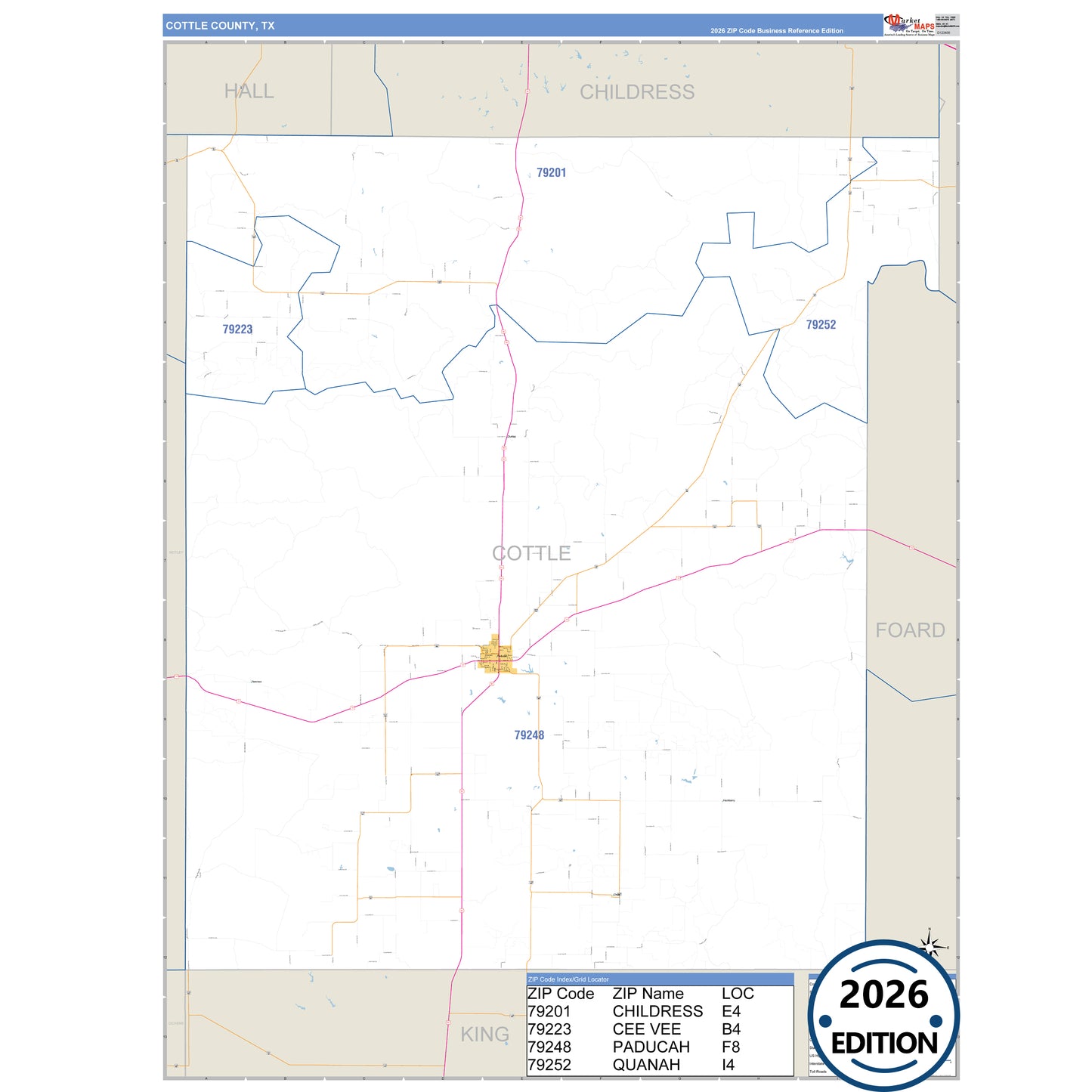 Cottle County, TX Business Reference 5 Digit ZIP Code Wall Map