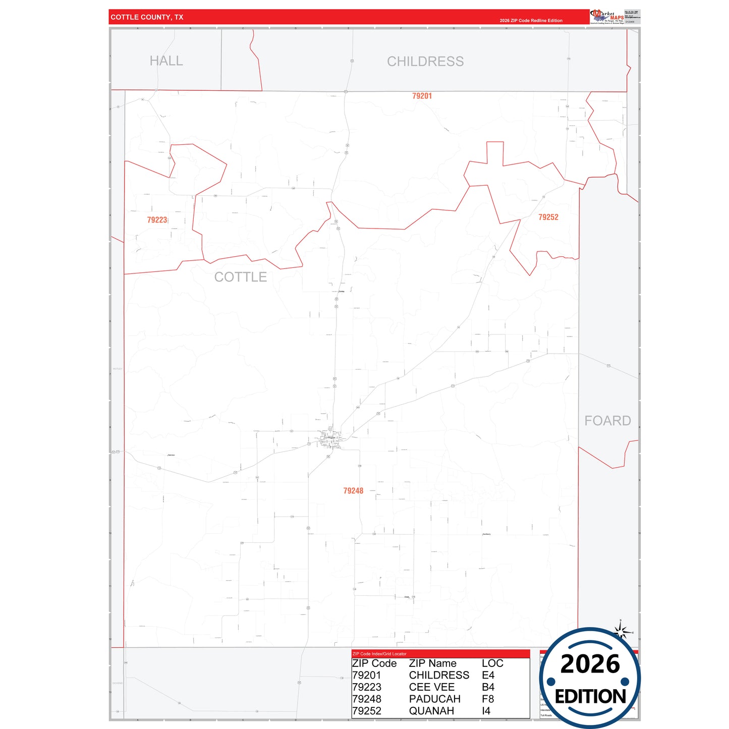 Cottle County, TX Red Line 5 Digit ZIP Code Wall Map