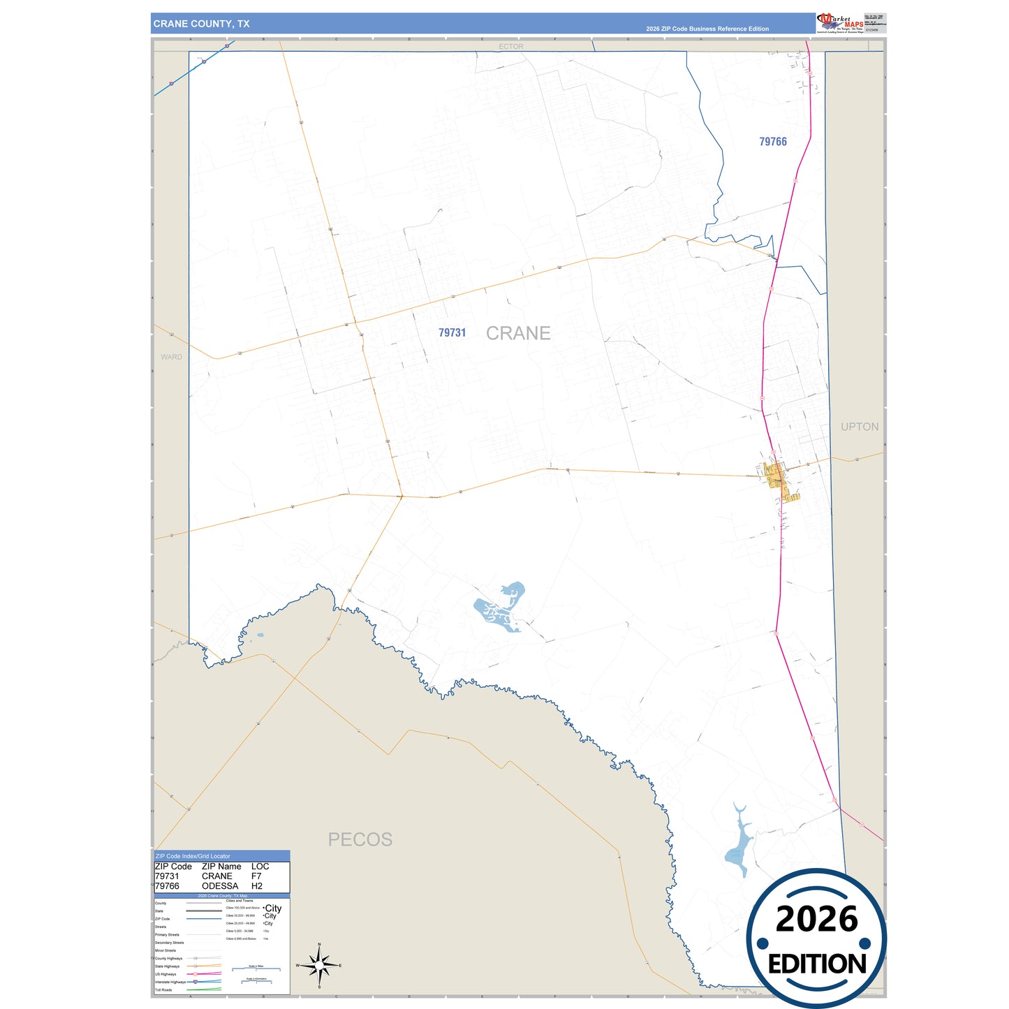 Crane County, TX Business Reference 5 Digit ZIP Code Wall Map
