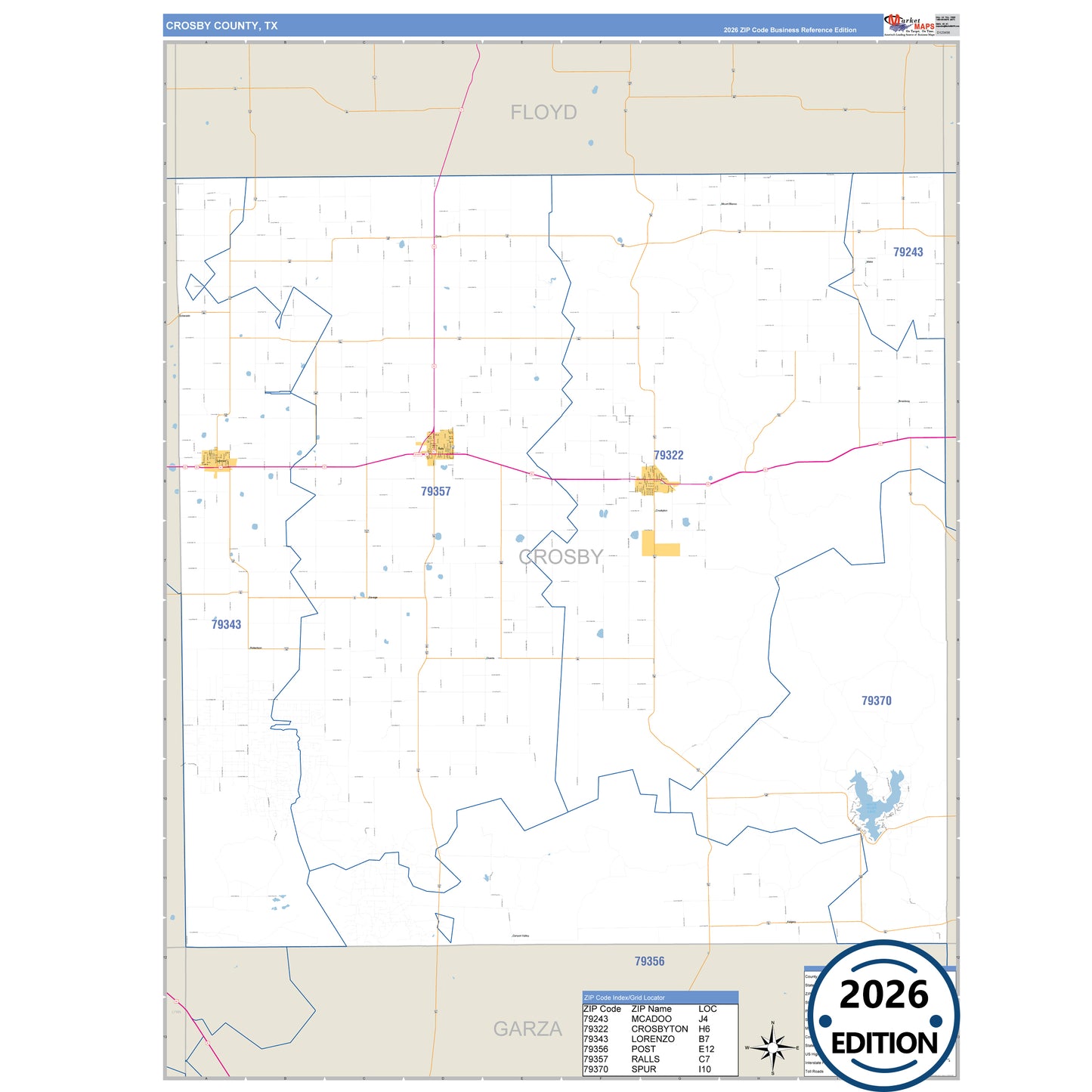 Crosby County, TX Business Reference 5 Digit ZIP Code Wall Map