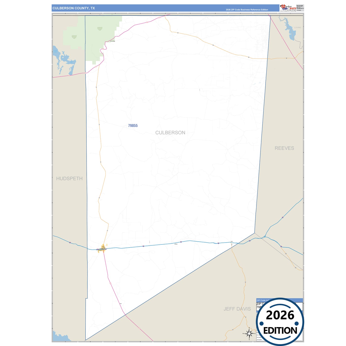 Culberson County, TX Business Reference 5 Digit ZIP Code Wall Map