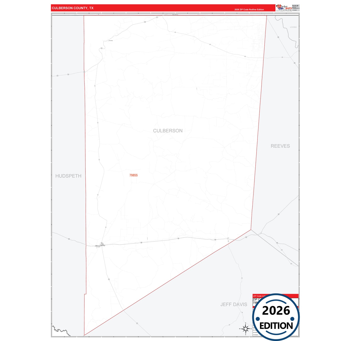 Culberson County, TX Red Line 5 Digit ZIP Code Wall Map