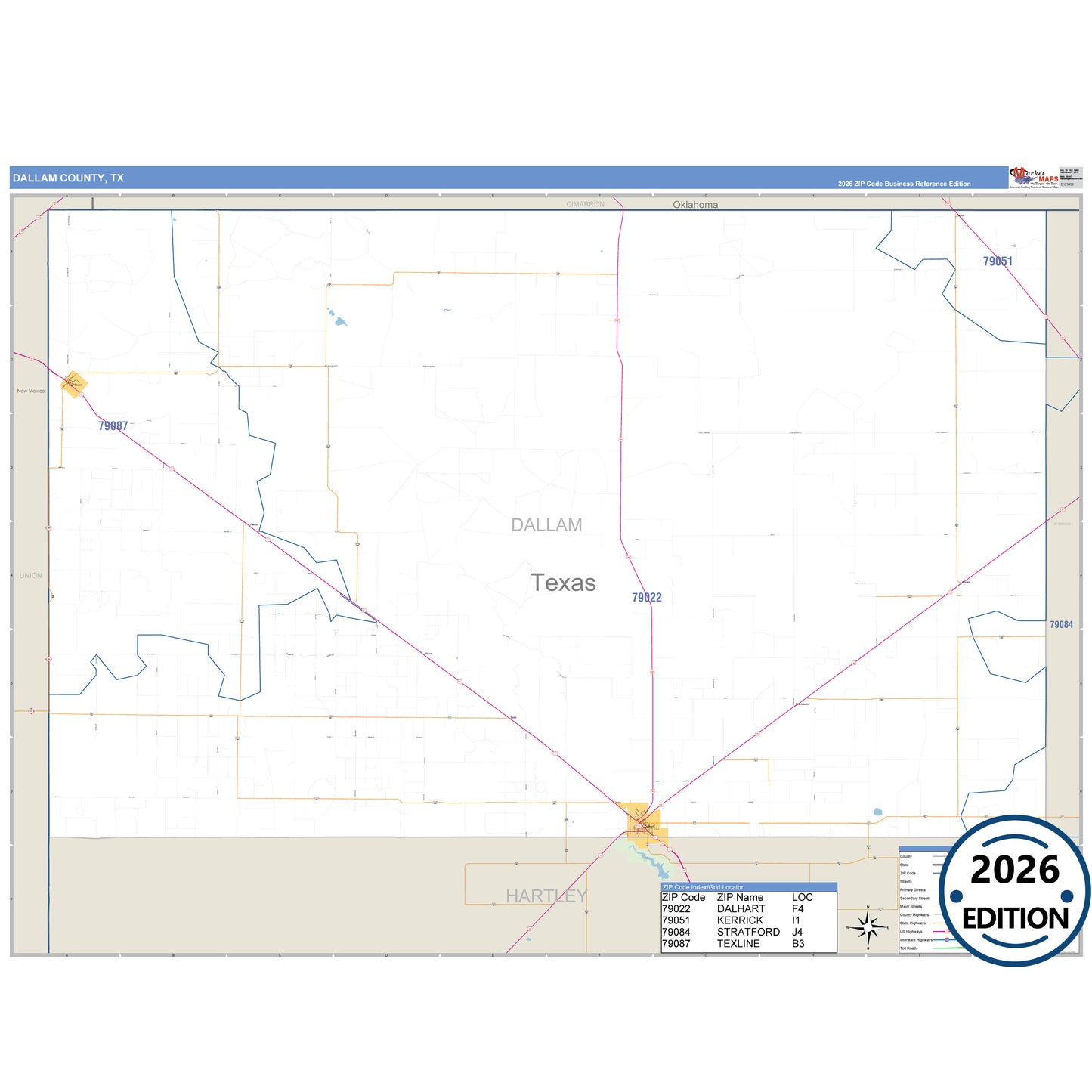 Dallam County, TX Business Reference 5 Digit ZIP Code Wall Map