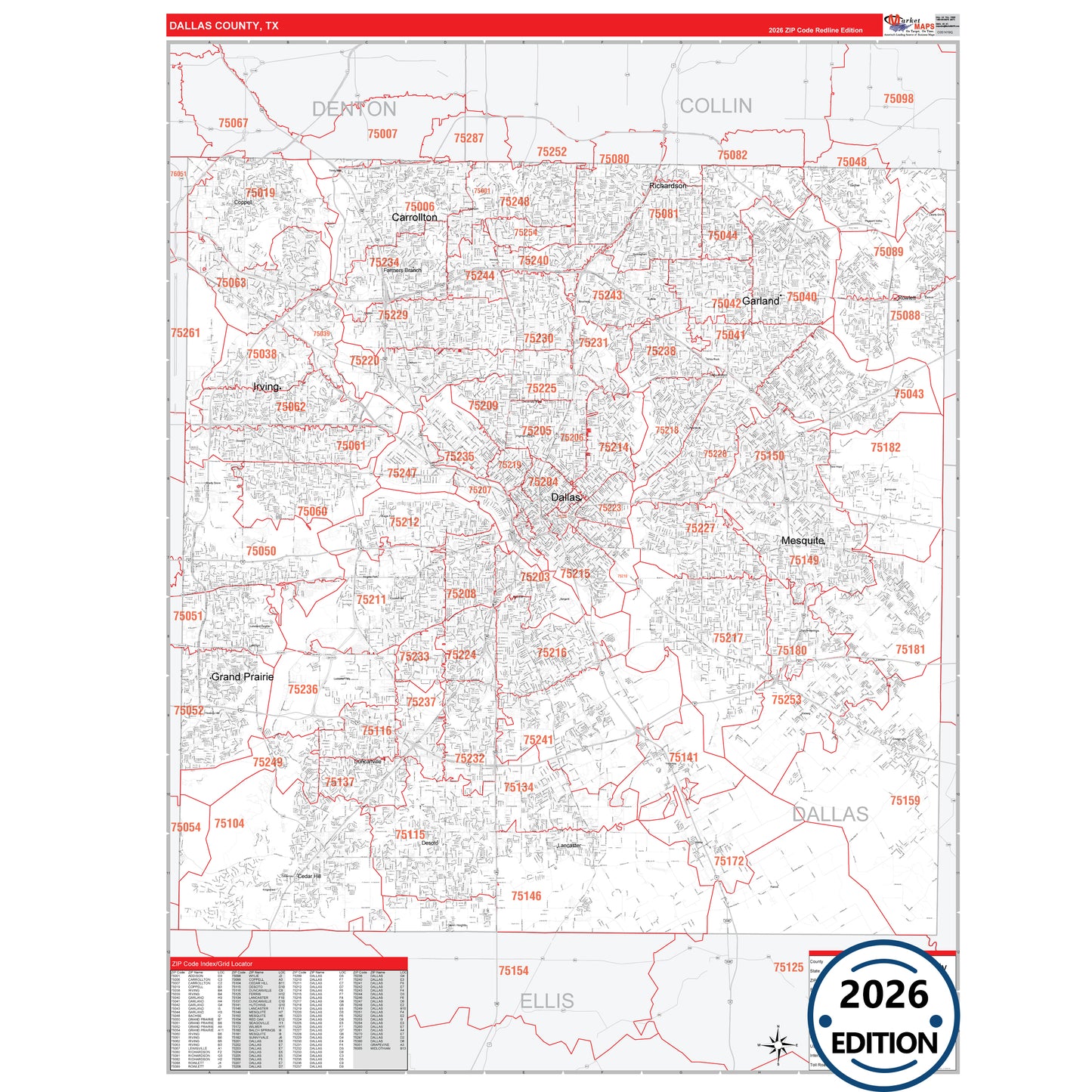 Dallas County, TX Red Line 5 Digit ZIP Code Wall Map