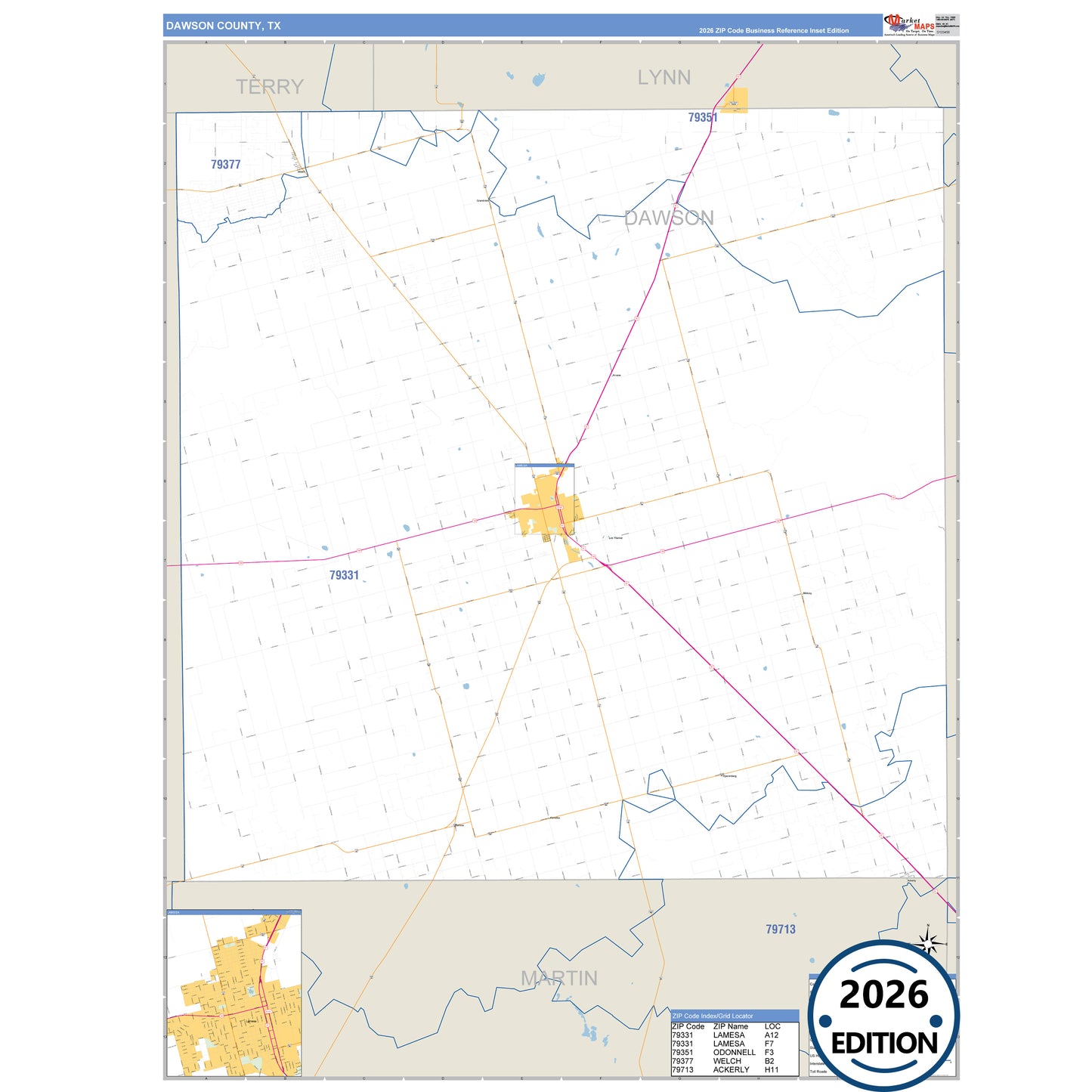 Dawson County, TX Business Reference 5 Digit ZIP Code Wall Map
