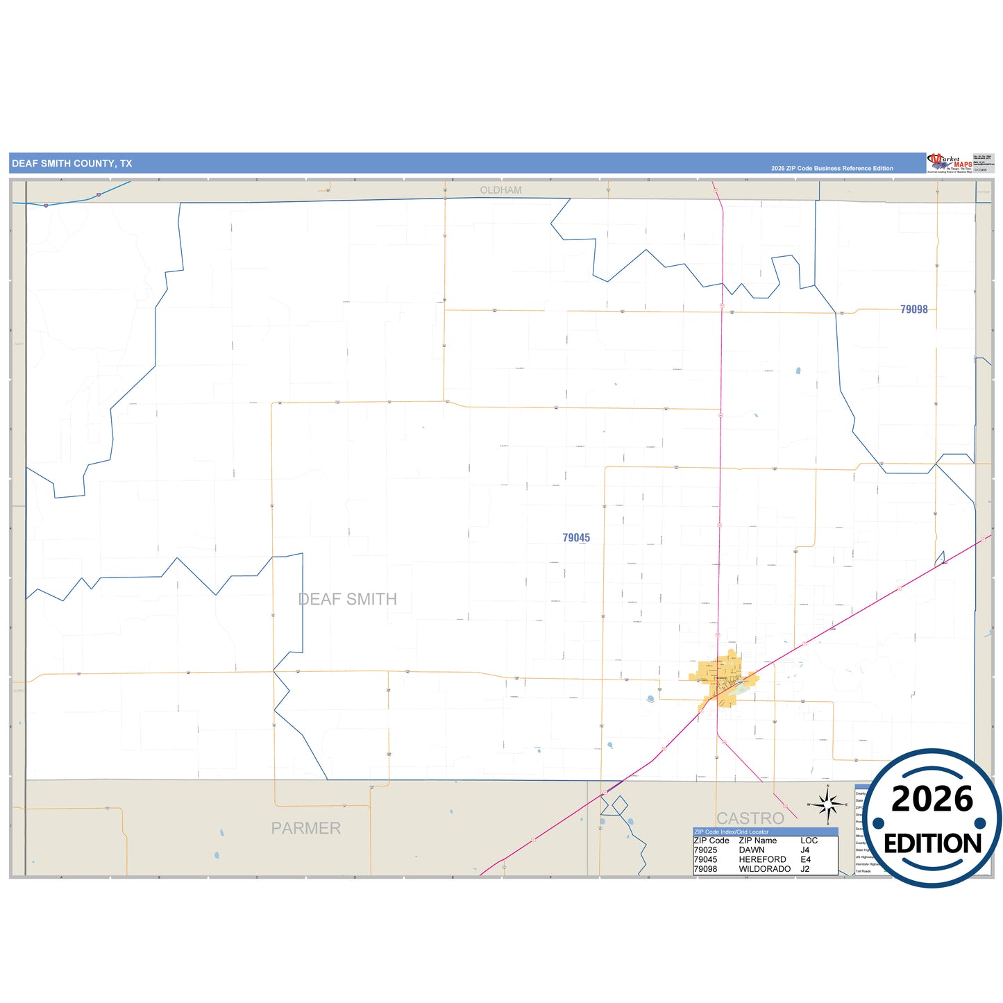 Deaf Smith County, TX Business Reference 5 Digit ZIP Code Wall Map