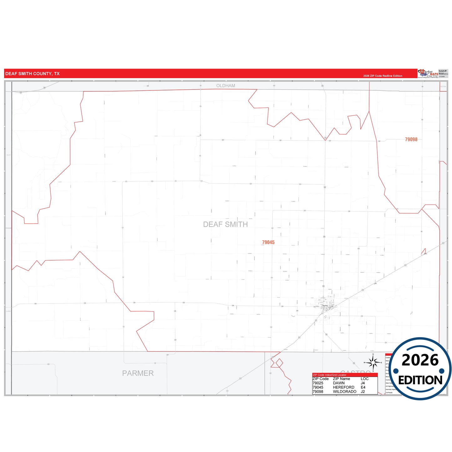 Deaf Smith County, TX Red Line 5 Digit ZIP Code Wall Map