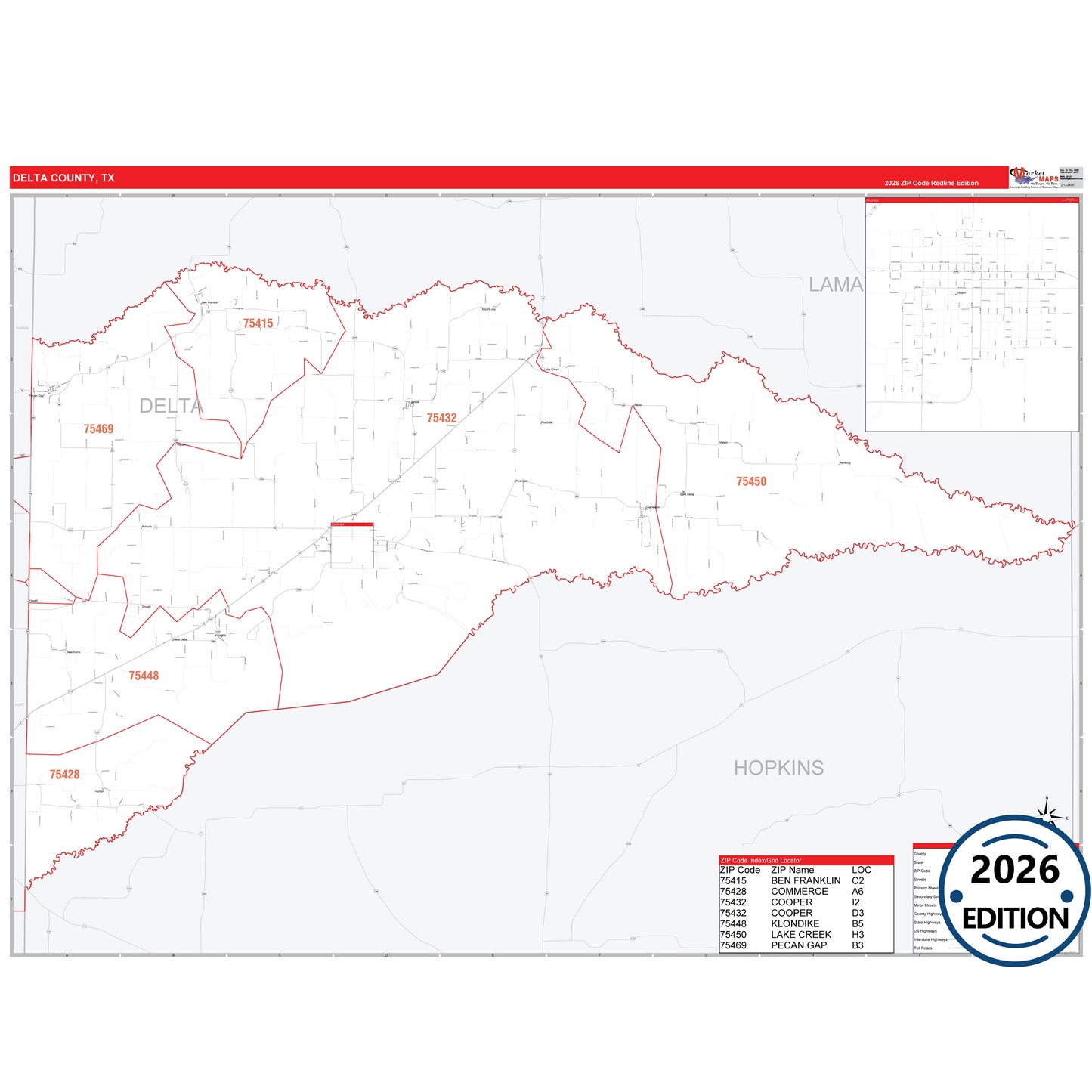 Delta County, TX Red Line 5 Digit ZIP Code Wall Map