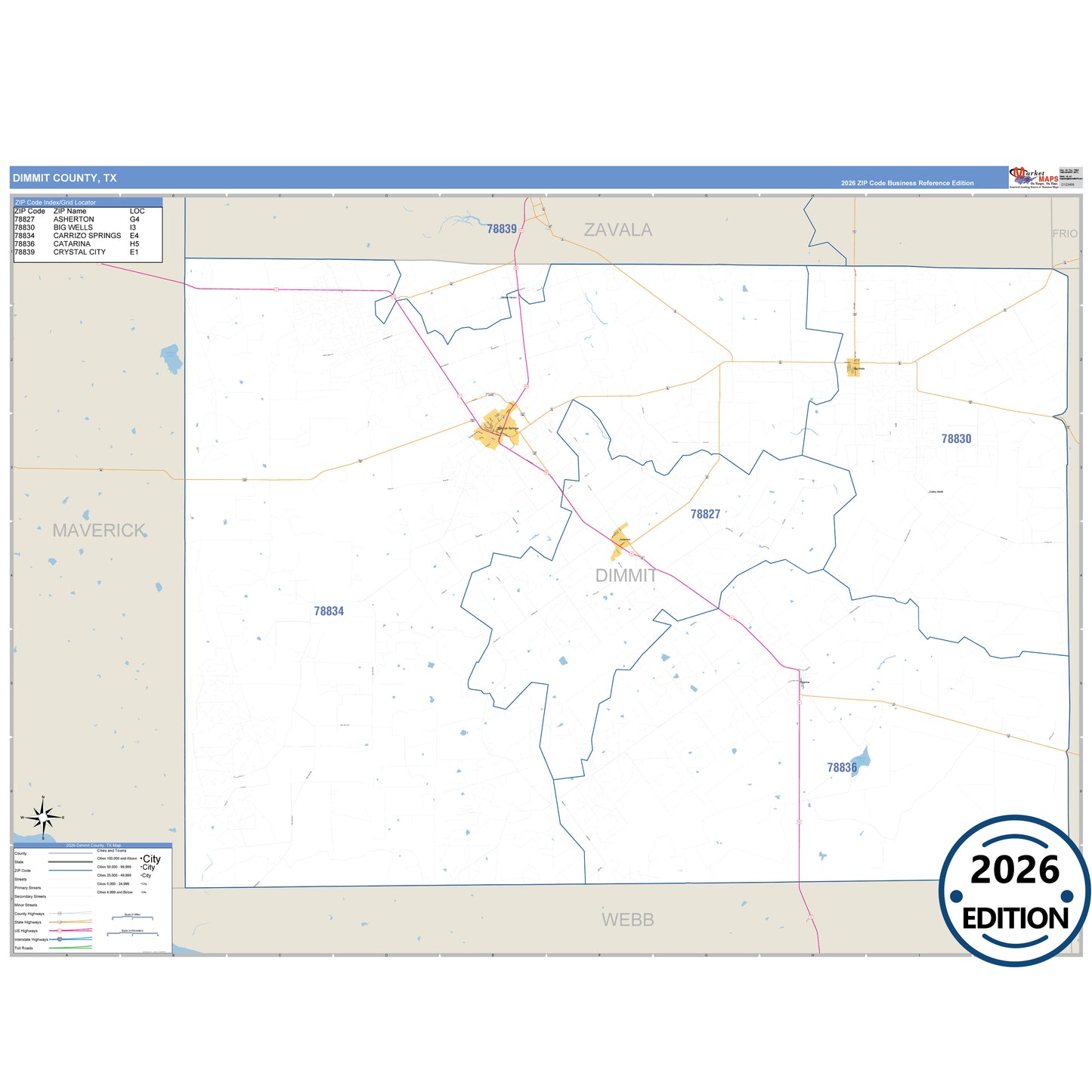 Dimmit County, TX Business Reference 5 Digit ZIP Code Wall Map
