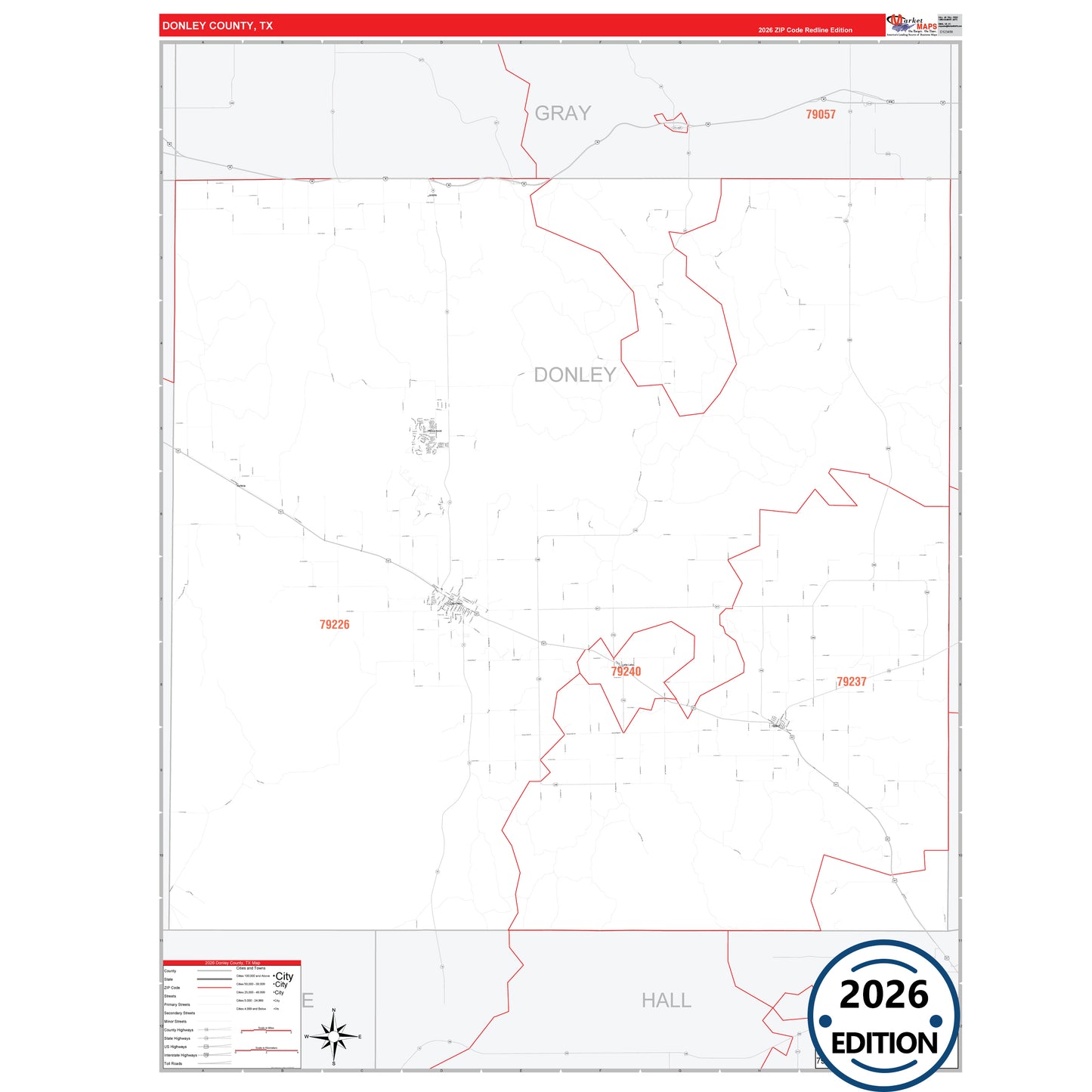 Donley County, TX Red Line 5 Digit ZIP Code Wall Map