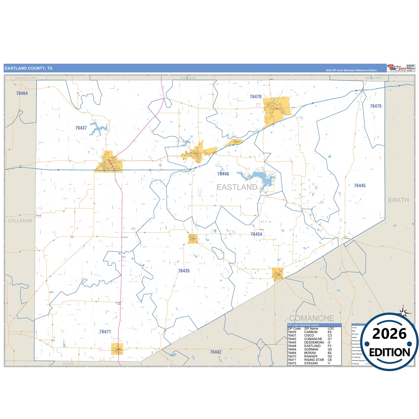 Eastland County, TX Business Reference 5 Digit ZIP Code Wall Map