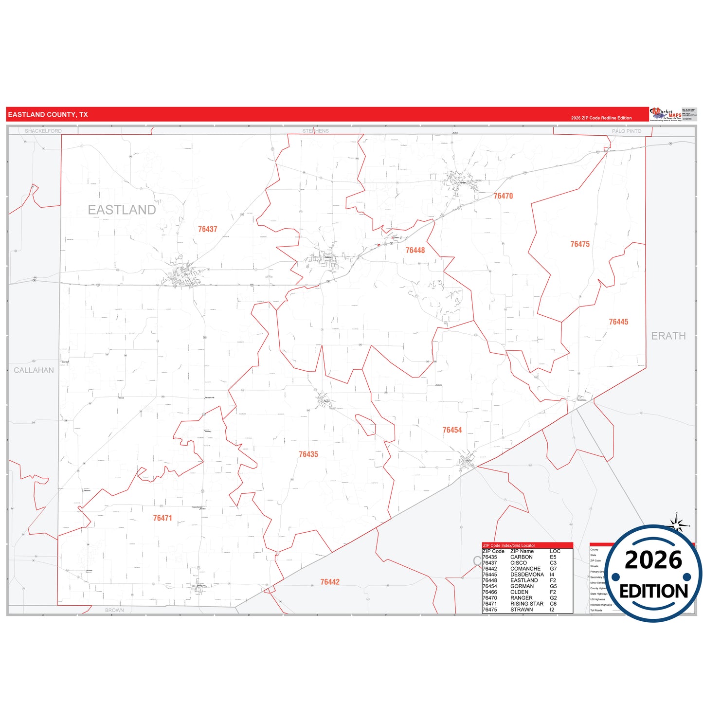 Eastland County, TX Red Line 5 Digit ZIP Code Wall Map