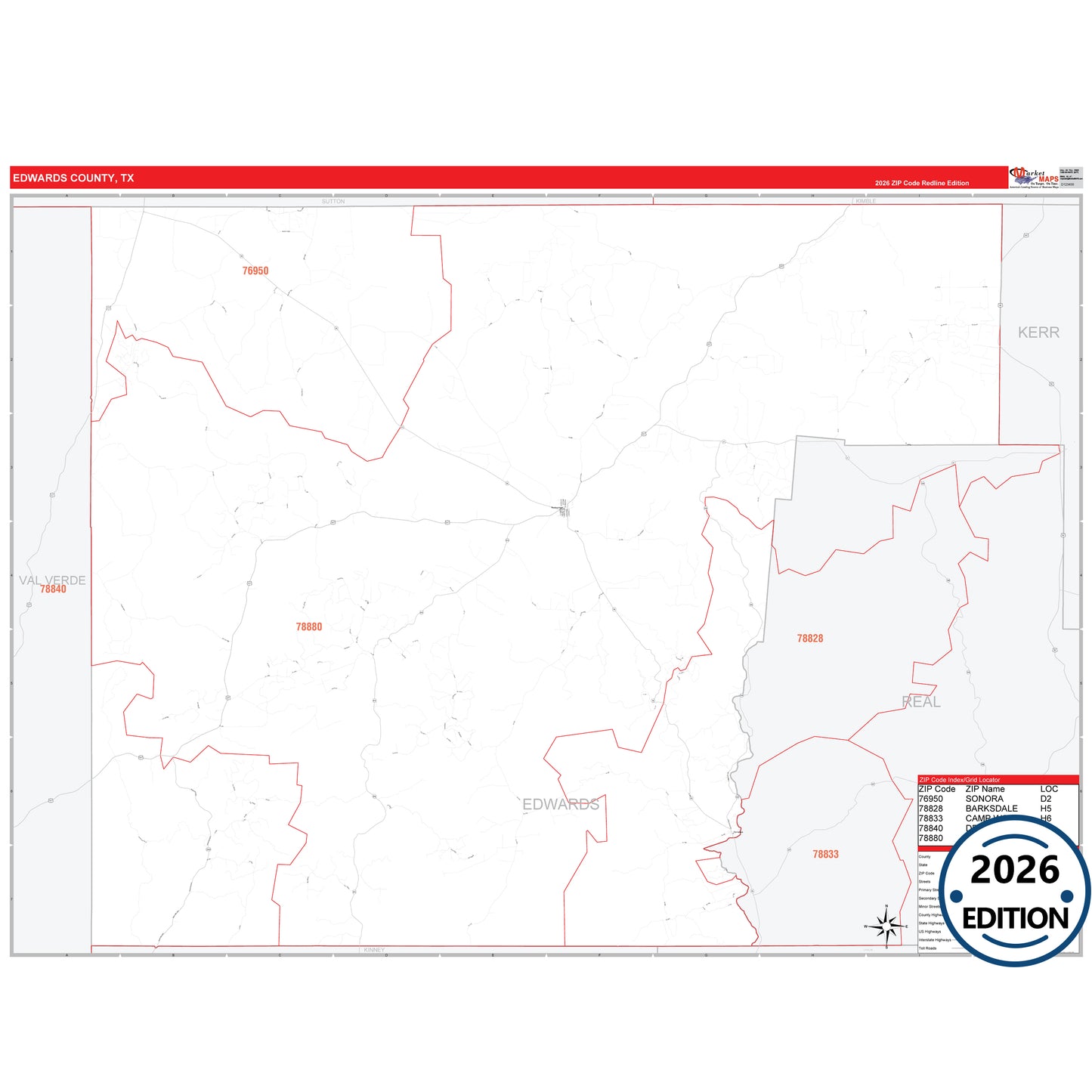 Edwards County, TX Red Line 5 Digit ZIP Code Wall Map