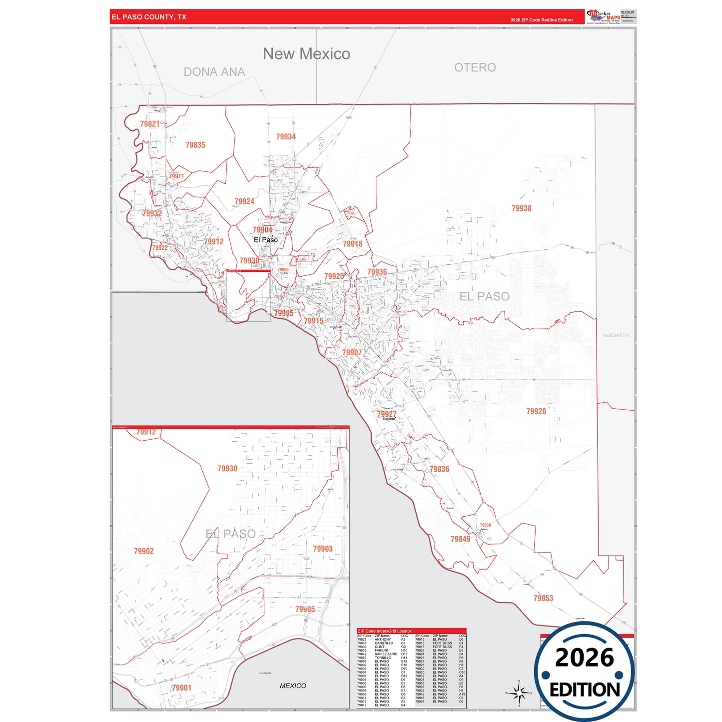 Ellis County, TX Red Line 5 Digit ZIP Code Wall Map