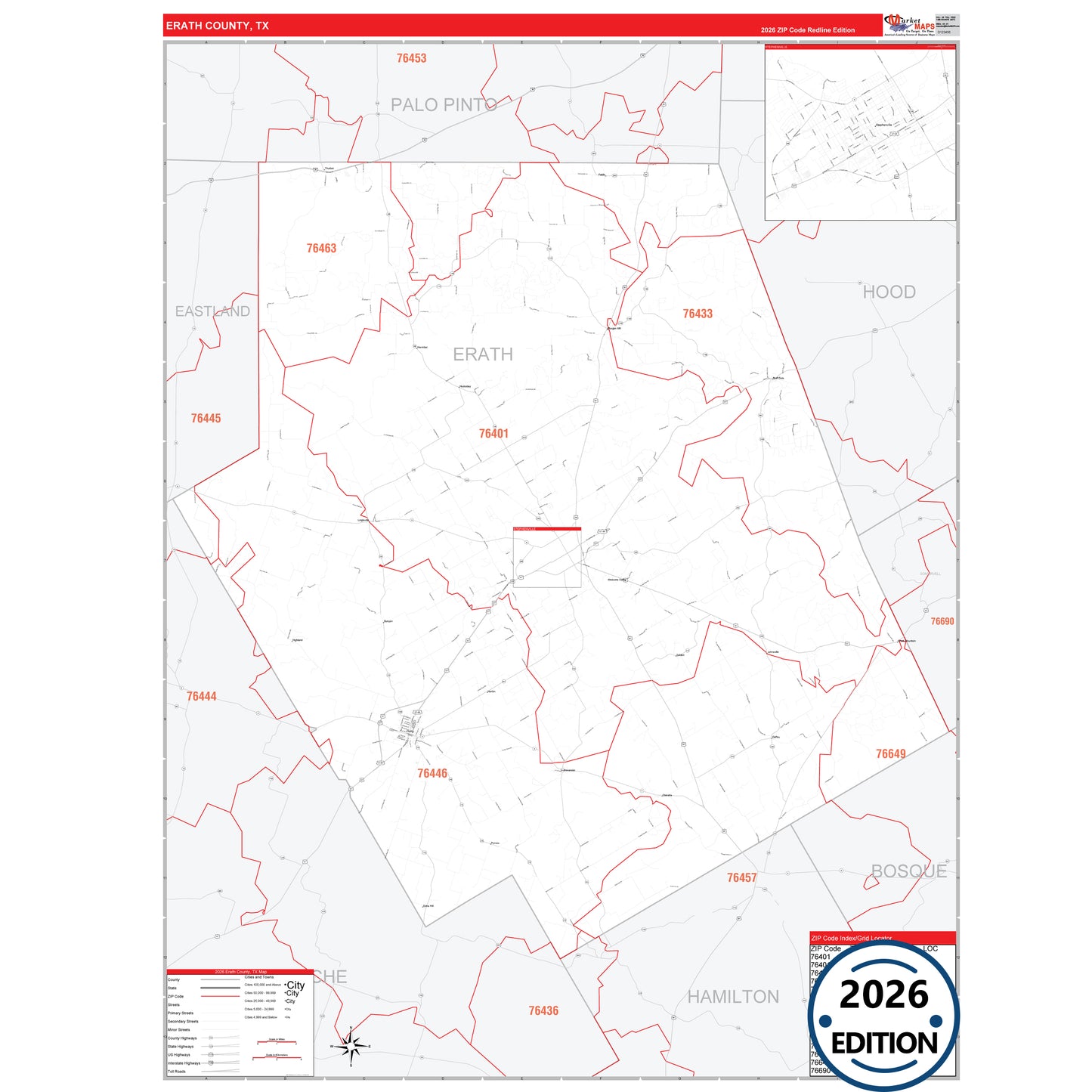 Erath County, TX Red Line 5 Digit ZIP Code Wall Map