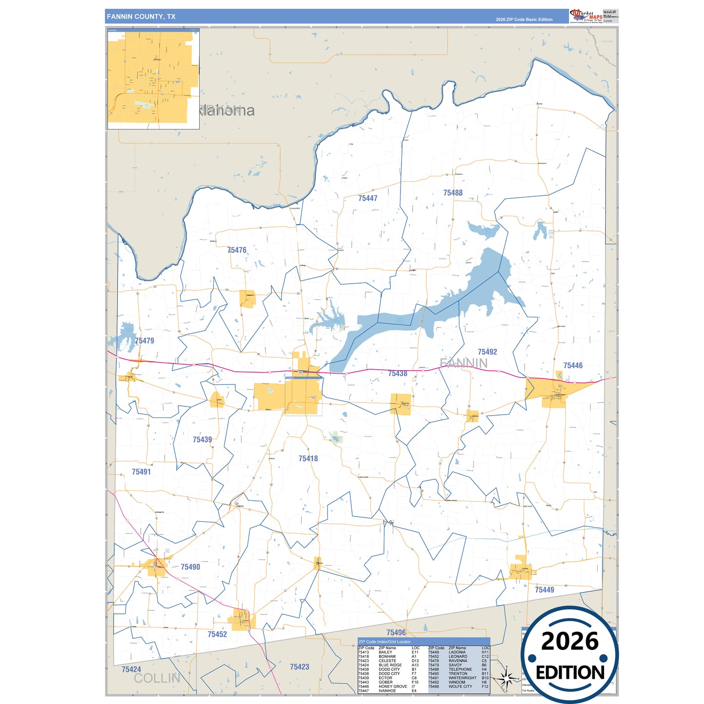 Fannin County, TX Business Reference 5 Digit ZIP Code Wall Map