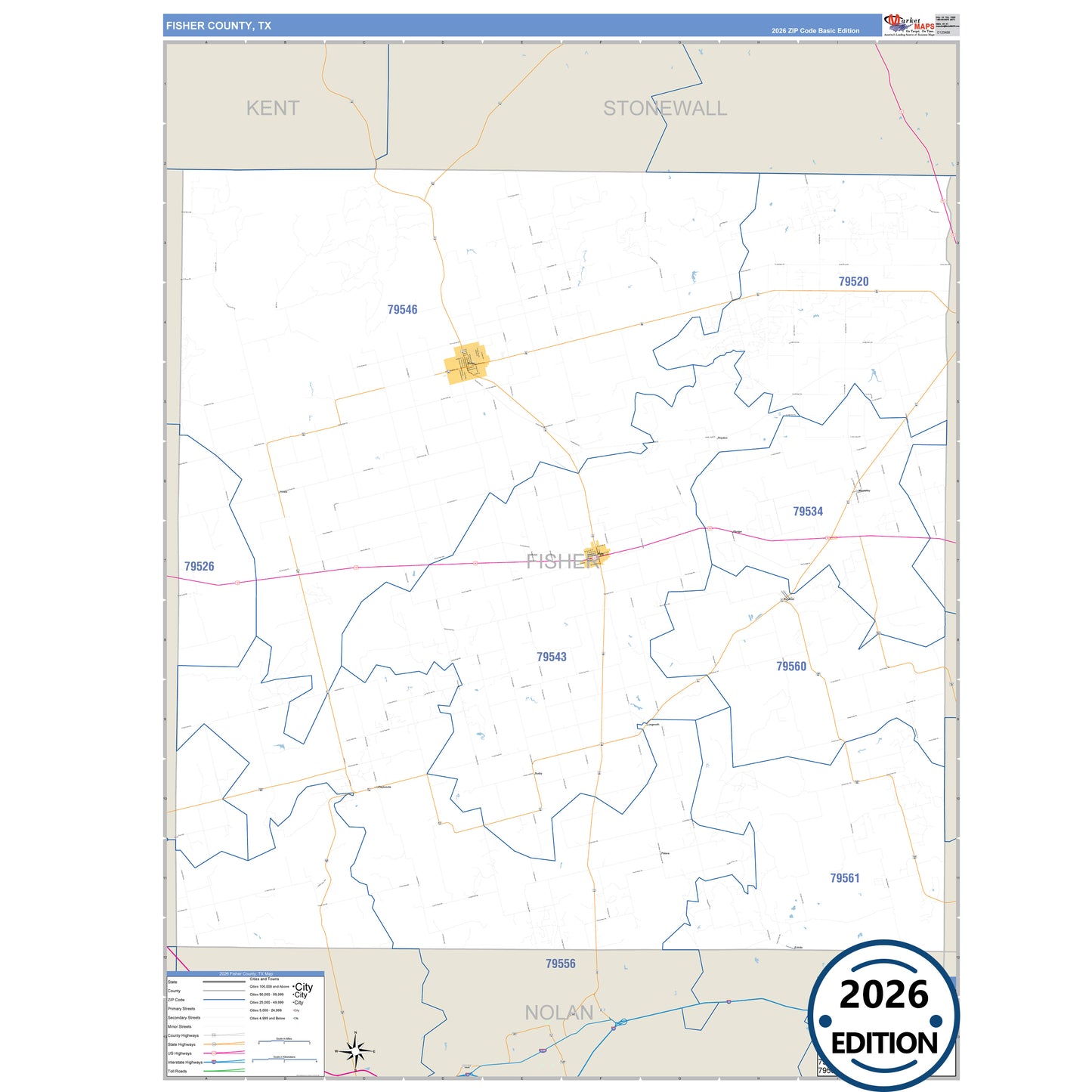 Fisher County, TX Business Reference 5 Digit ZIP Code Wall Map