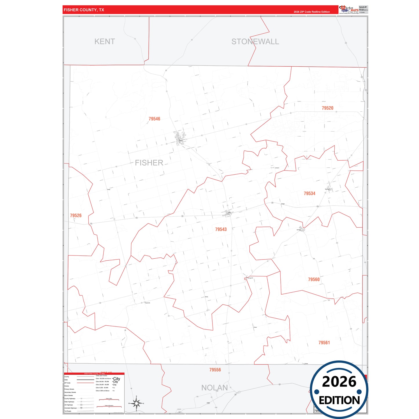 Fisher County, TX Red Line 5 Digit ZIP Code Wall Map