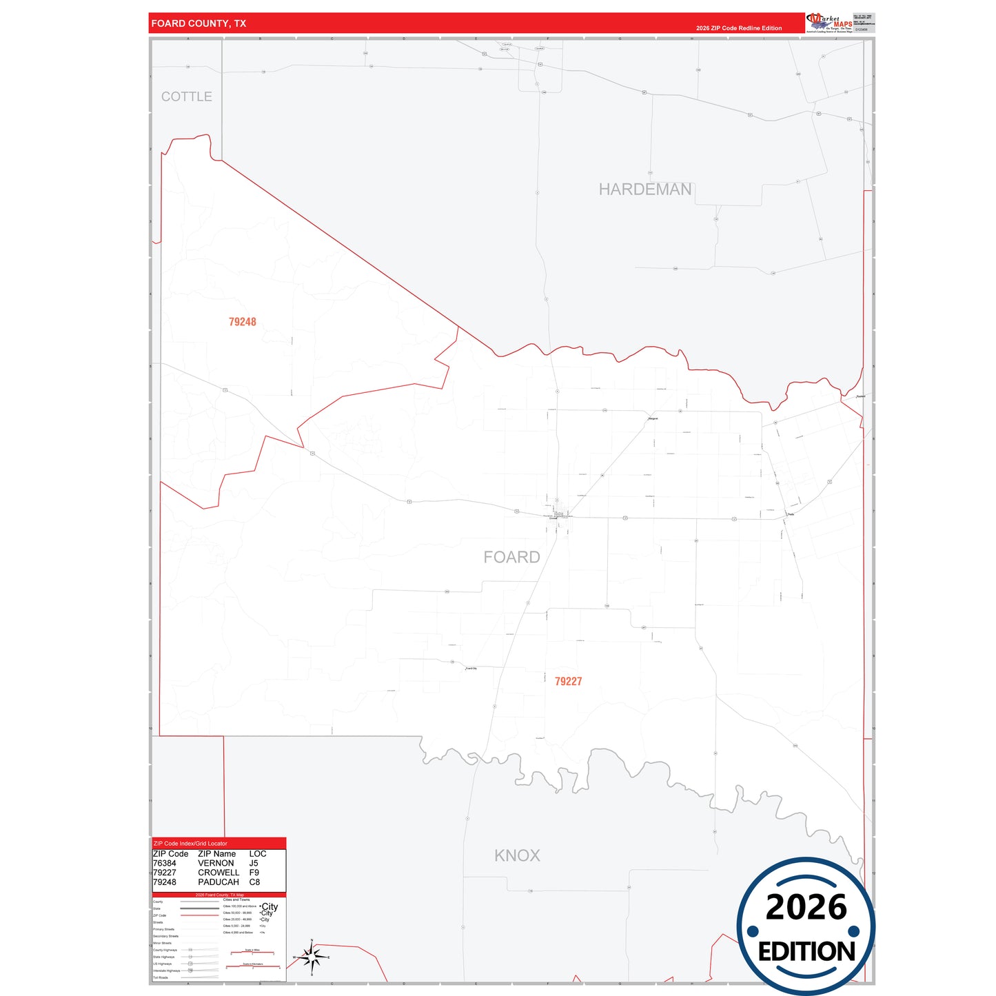 Foard County, TX Red Line 5 Digit ZIP Code Wall Map
