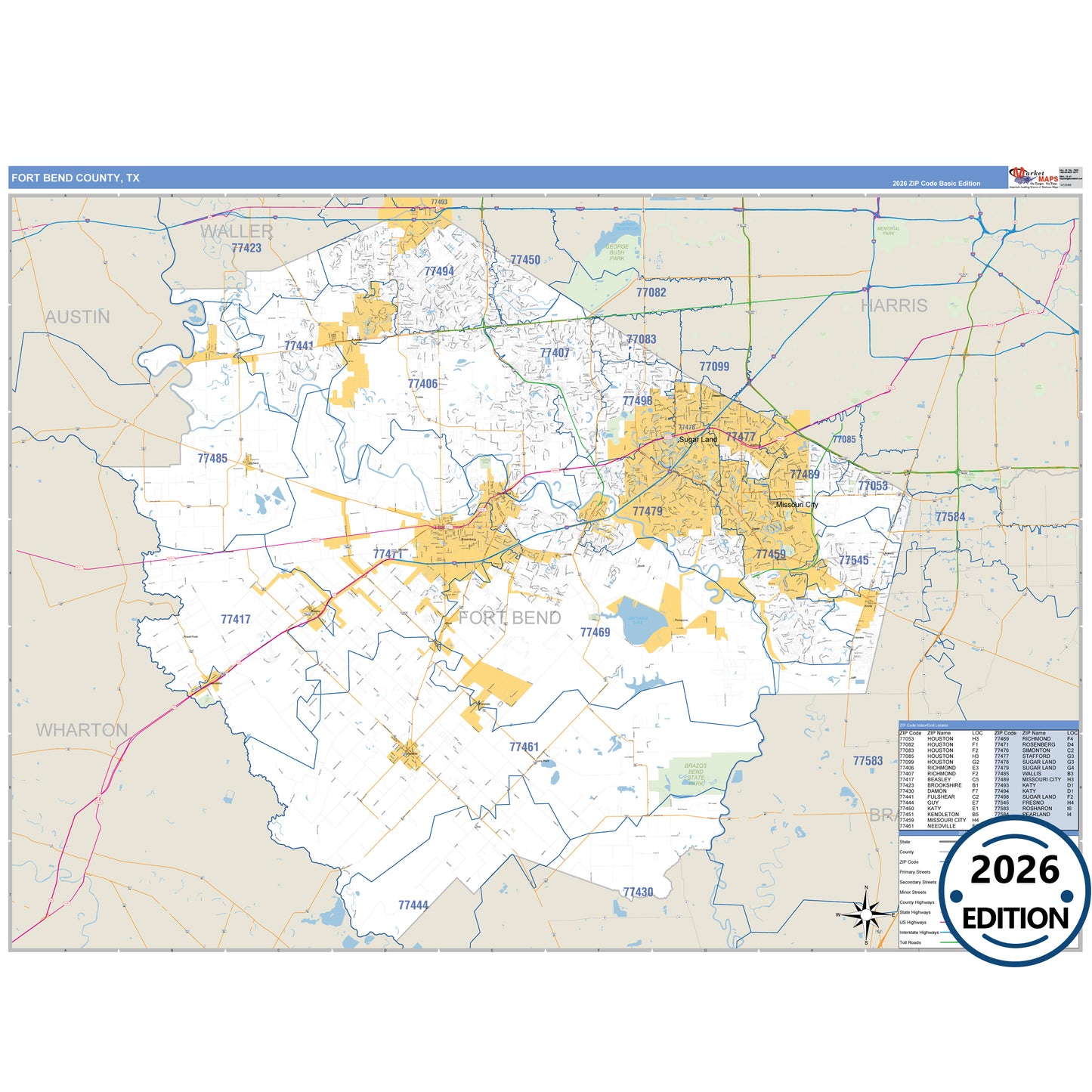 Fort Bend County, TX Business Reference 5 Digit ZIP Code Wall Map