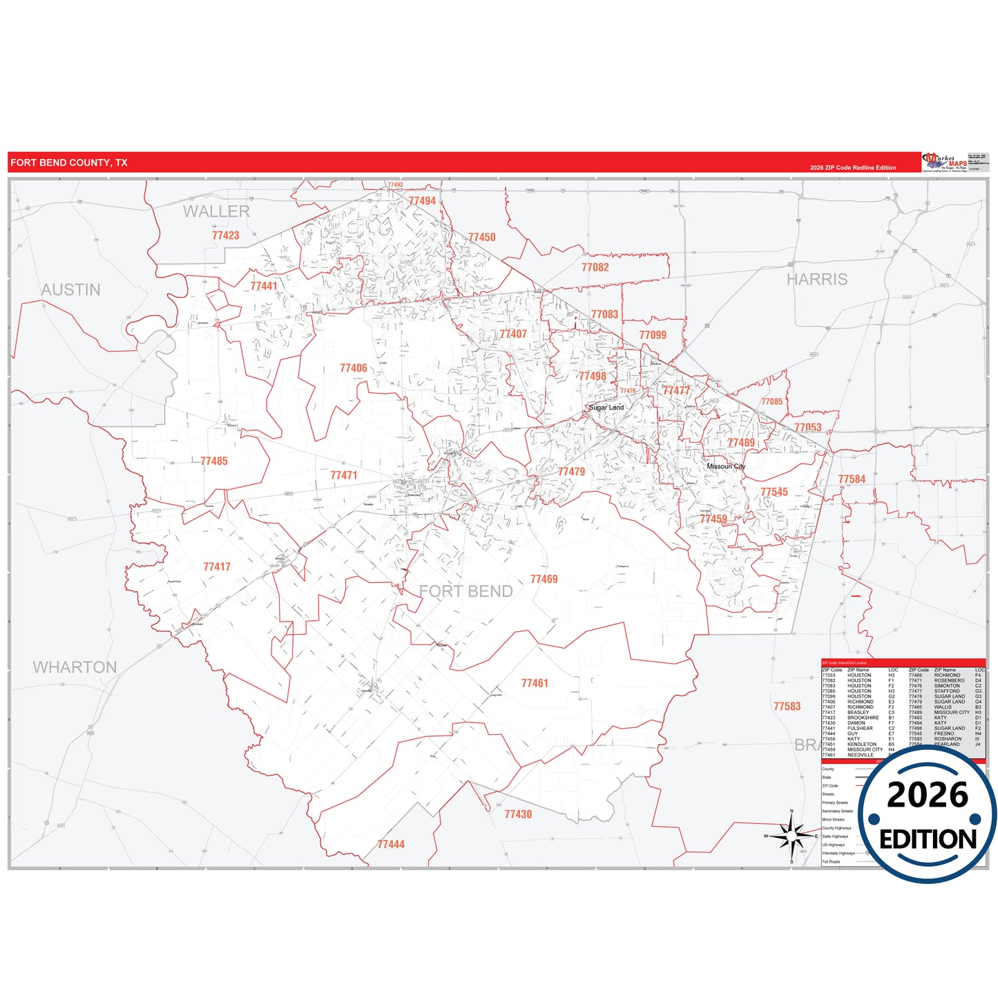 Fort Bend County, TX Red Line 5 Digit ZIP Code Wall Map