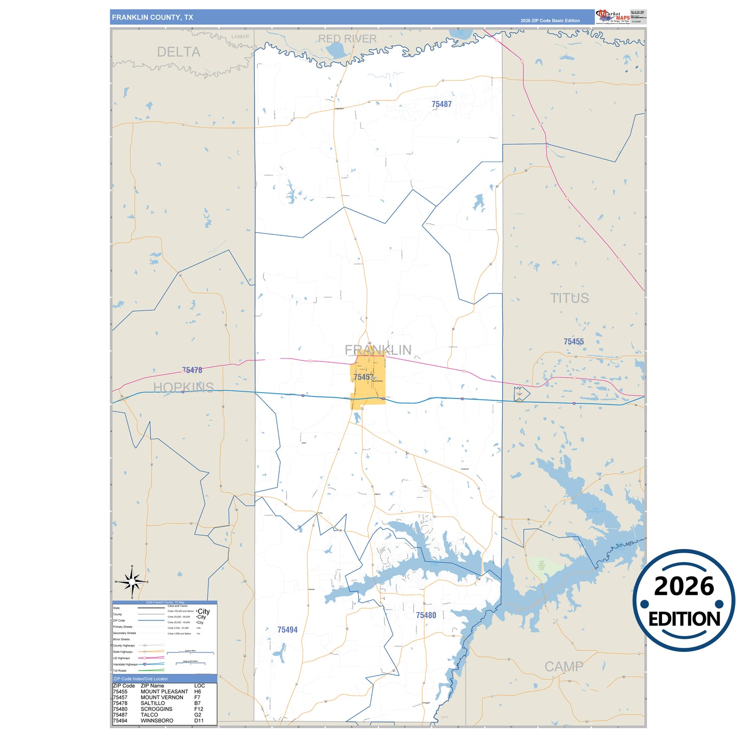 Franklin County, TX Business Reference 5 Digit ZIP Code Wall Map