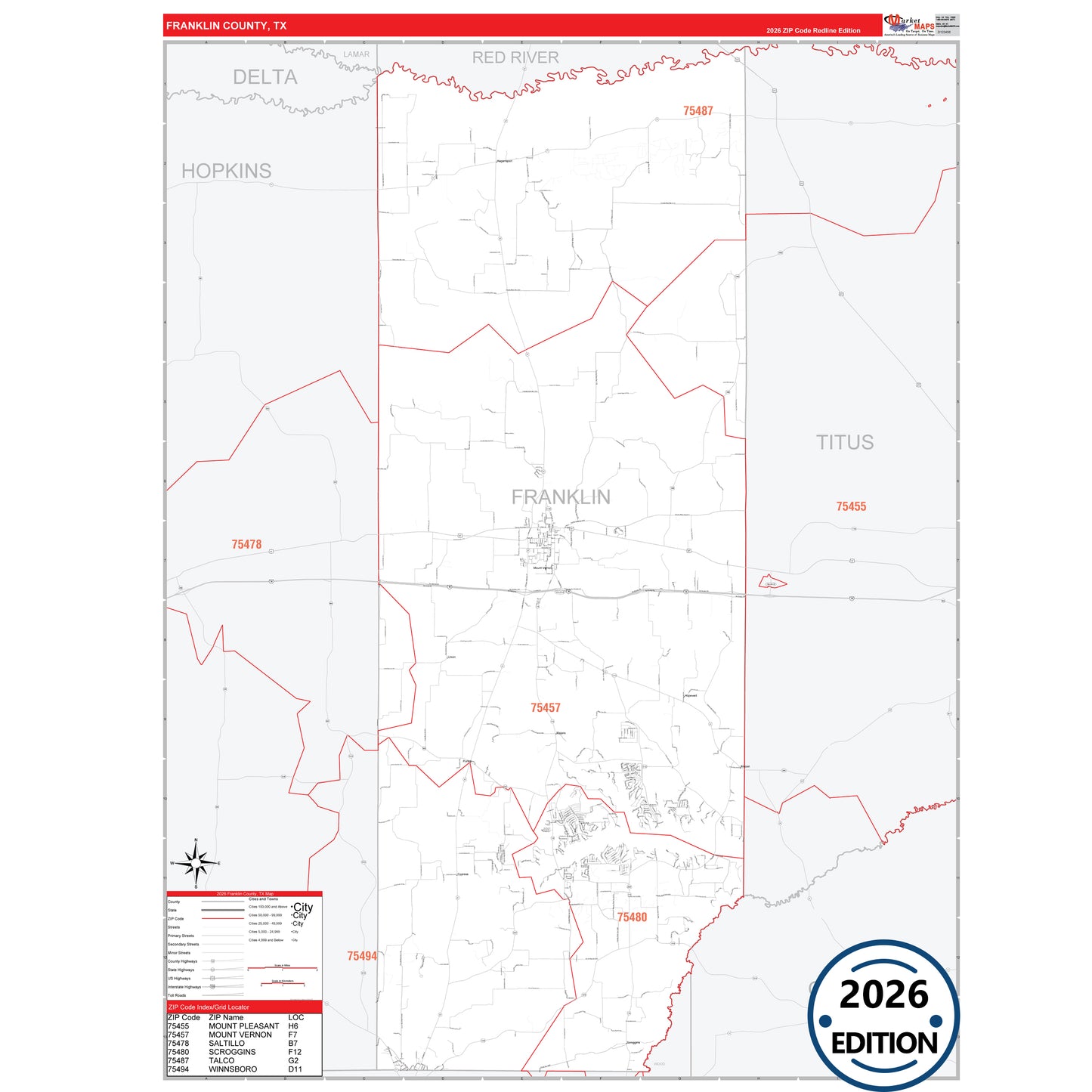 Franklin County, TX Red Line 5 Digit ZIP Code Wall Map