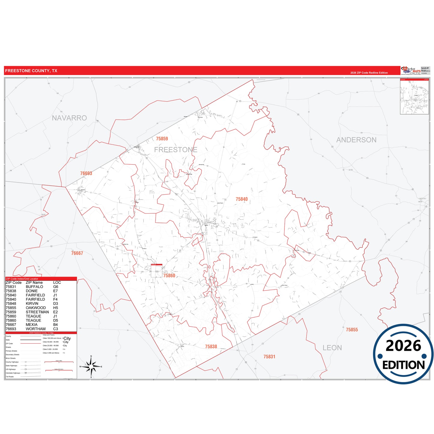 Freestone County, TX Red Line 5 Digit ZIP Code Wall Map