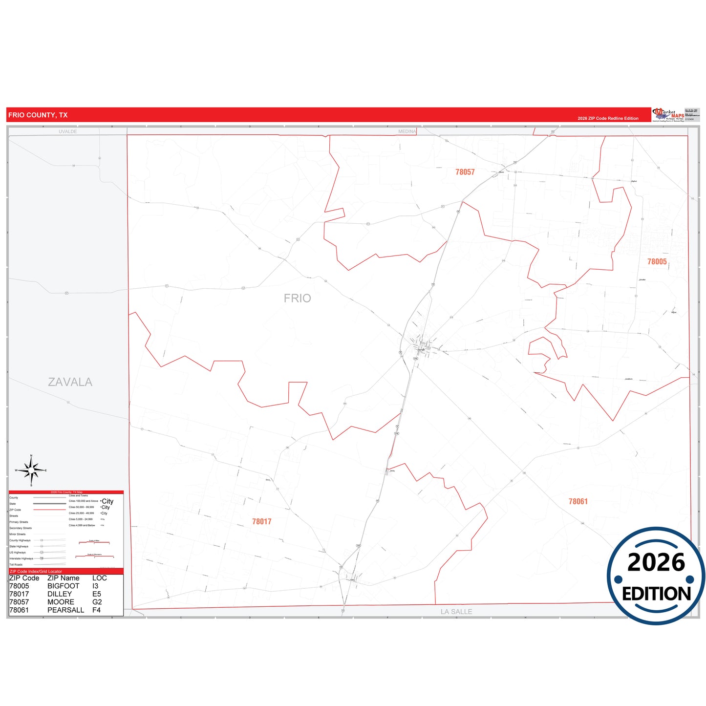 Frio County, TX Red Line 5 Digit ZIP Code Wall Map