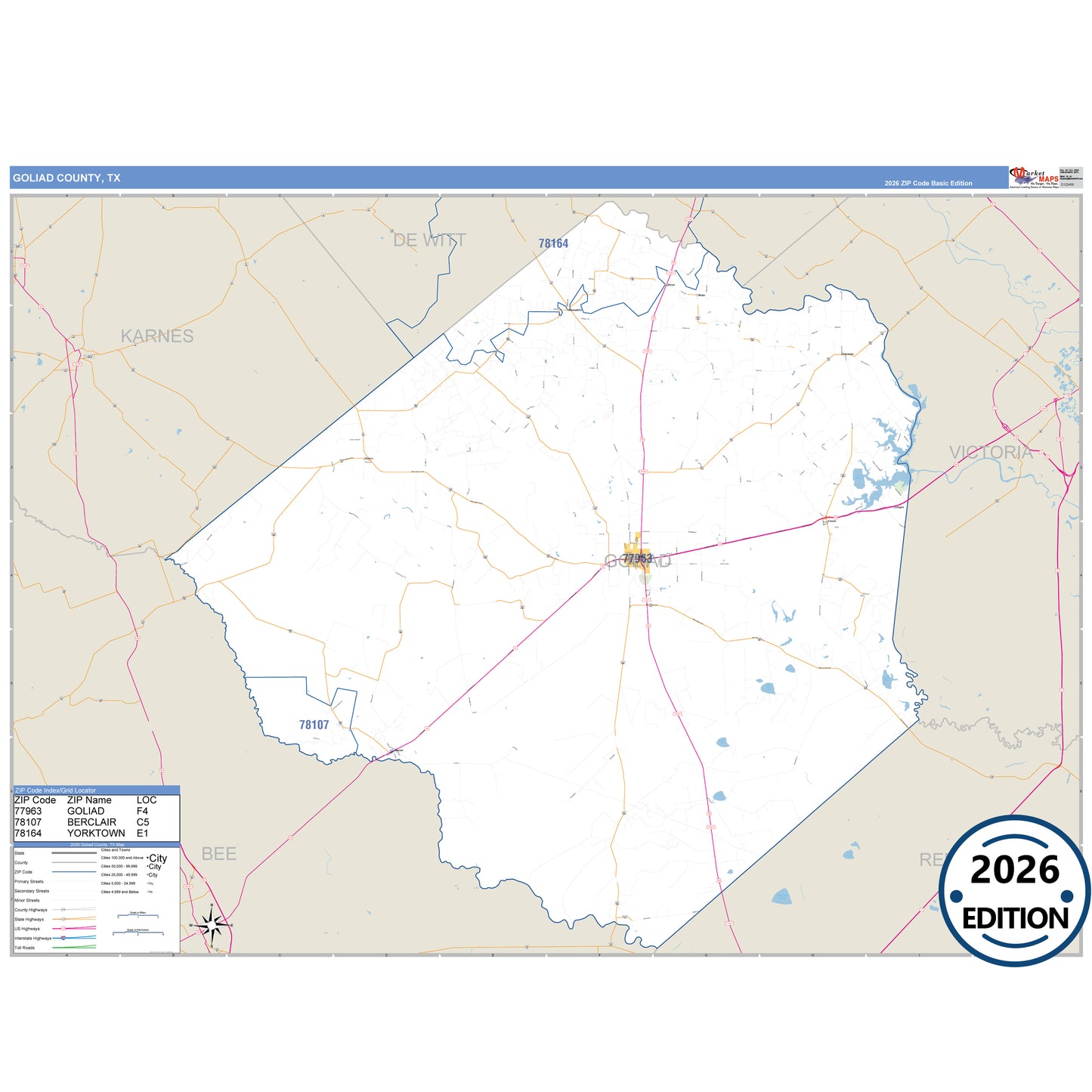 Goliad County, TX Business Reference 5 Digit ZIP Code Wall Map