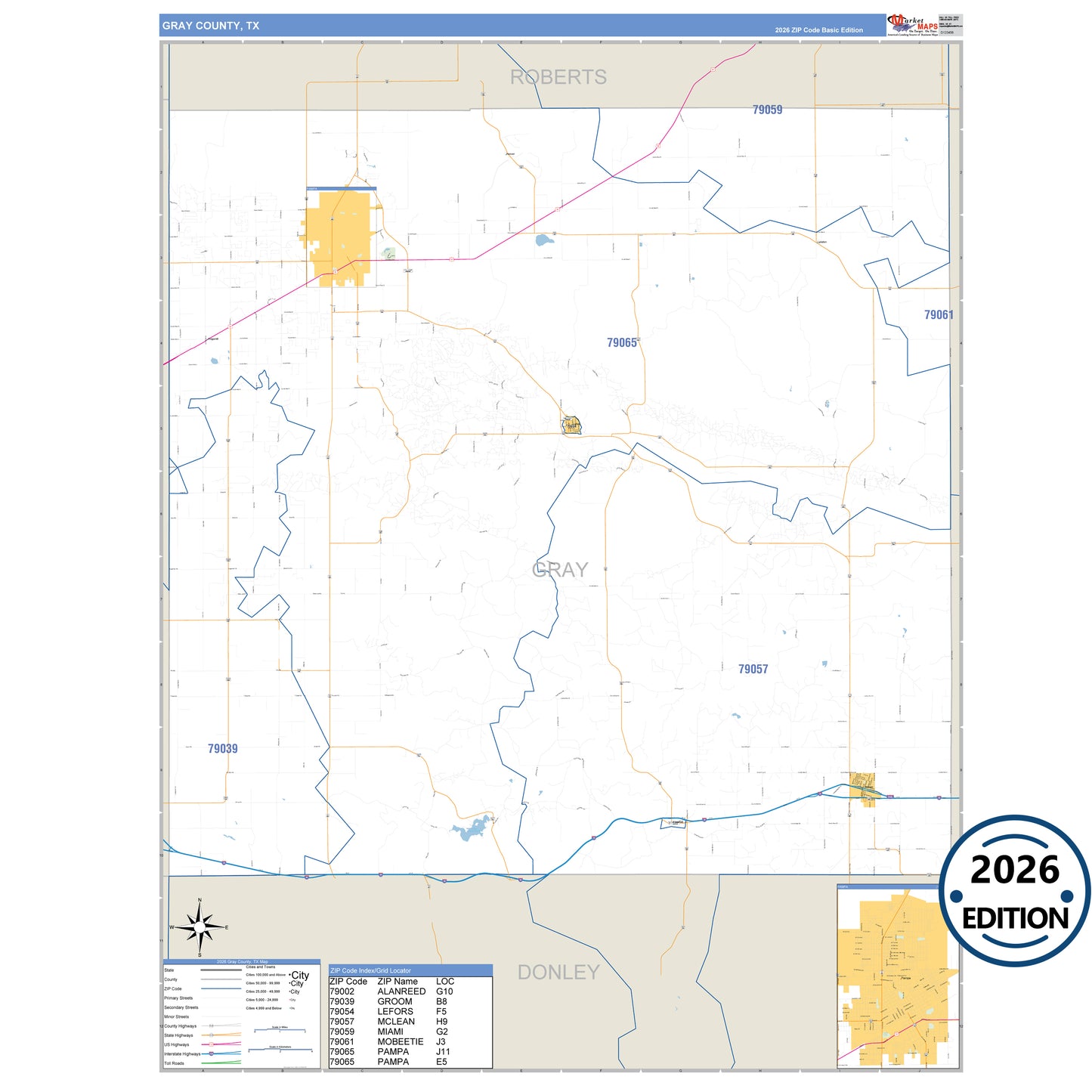Gray County, TX Business Reference 5 Digit ZIP Code Wall Map