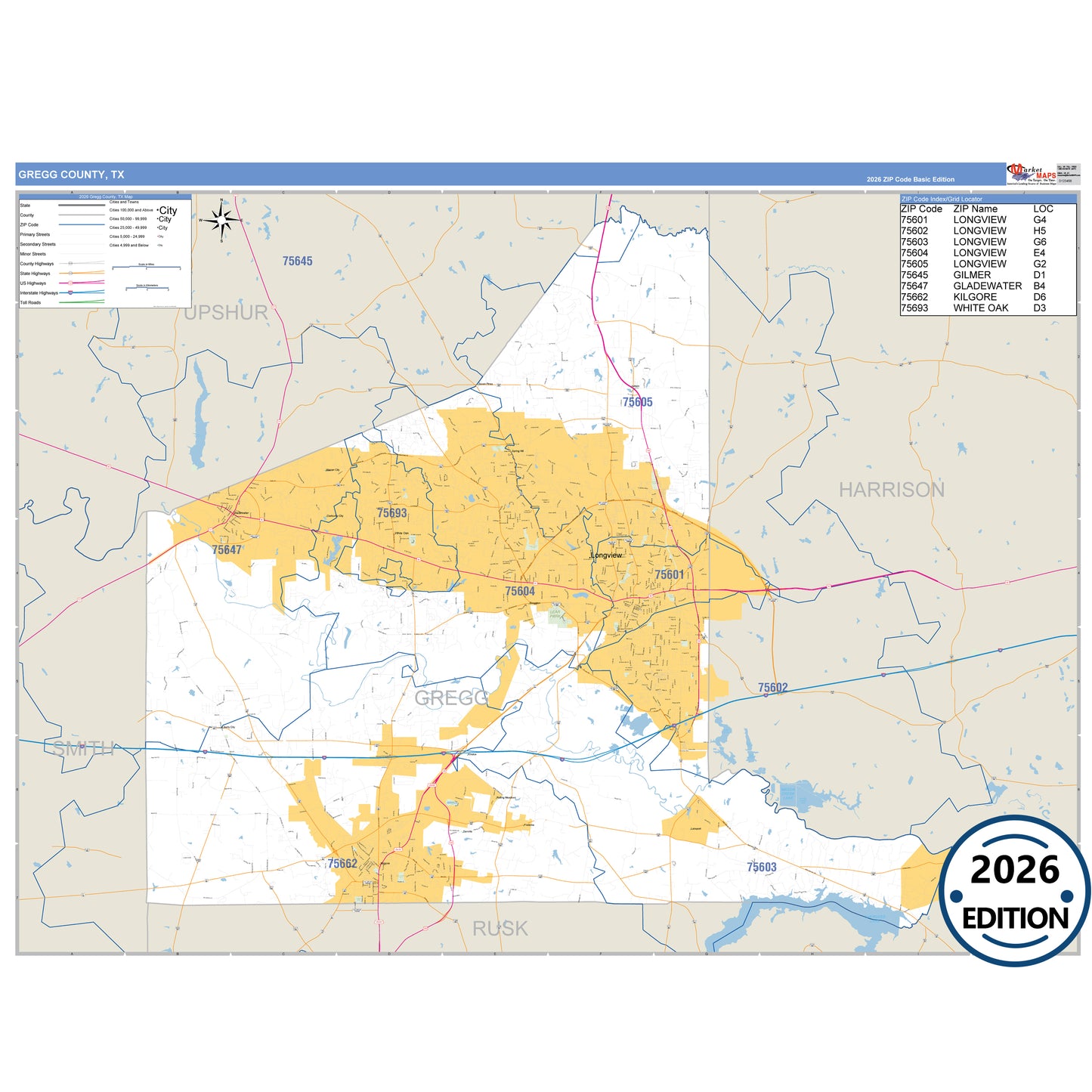 Gregg County, TX Business Reference 5 Digit ZIP Code Wall Map