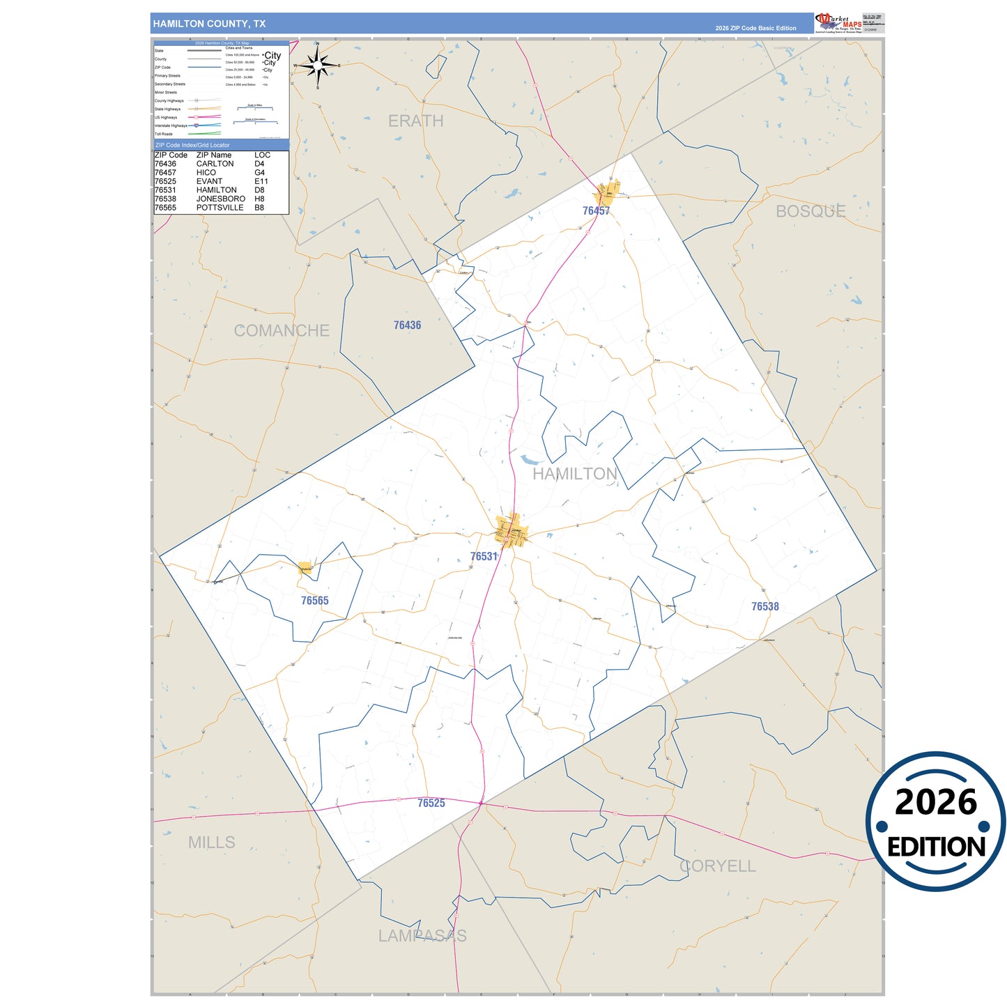 Hamilton County, TX Business Reference 5 Digit ZIP Code Wall Map