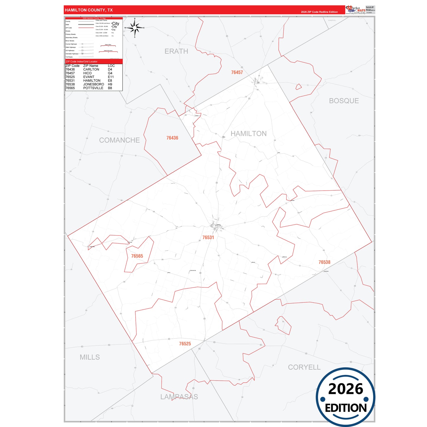 Hamilton County, TX Red Line 5 Digit ZIP Code Wall Map