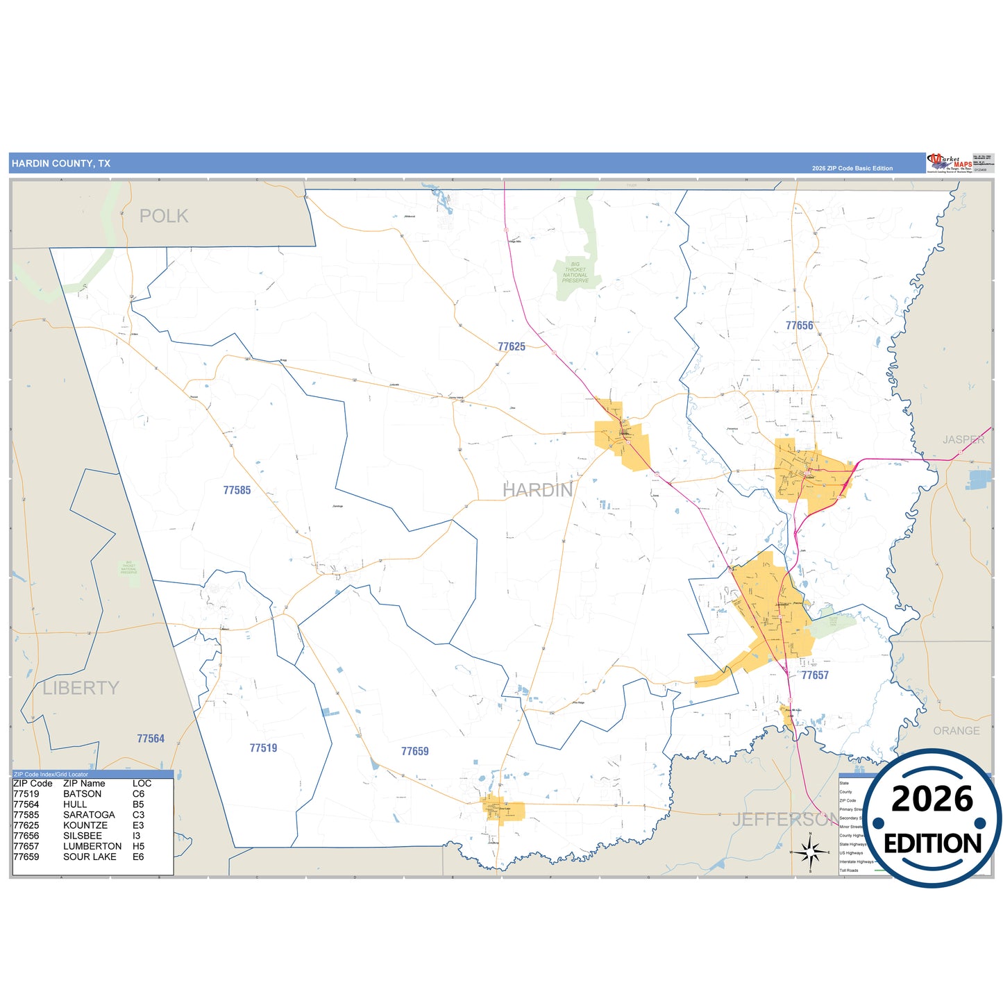 Hardin County, TX Business Reference 5 Digit ZIP Code Wall Map