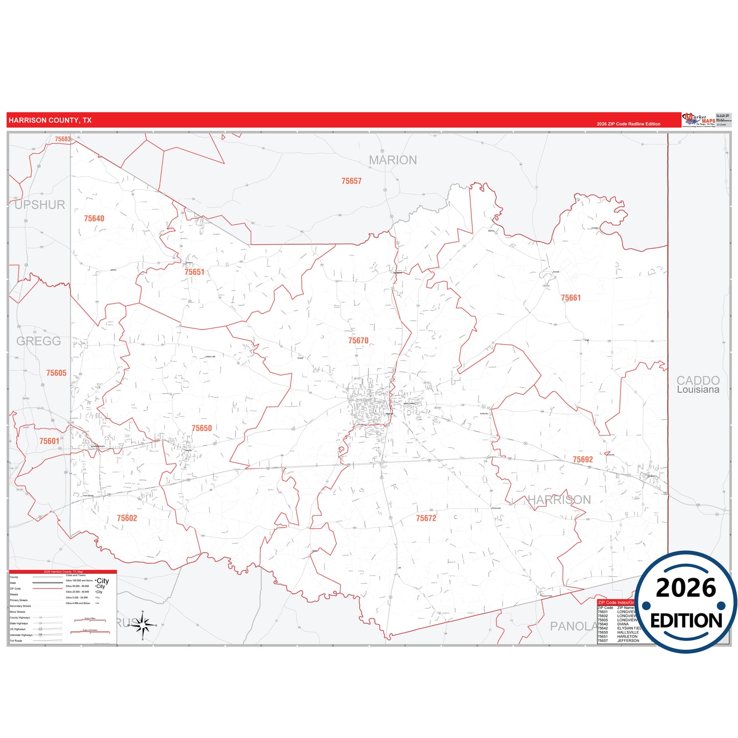 Harrison County, TX Red Line 5 Digit ZIP Code Wall Map