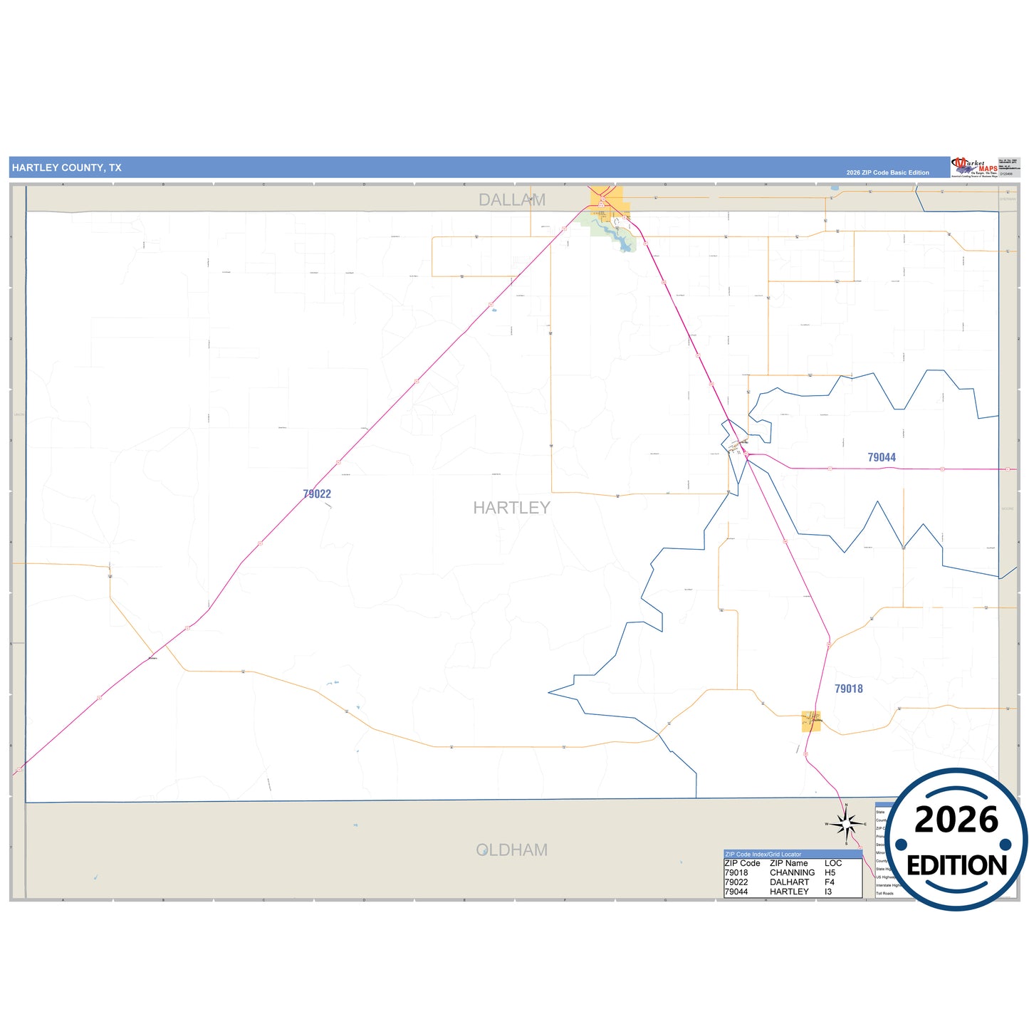 Hartley County, TX Business Reference 5 Digit ZIP Code Wall Map