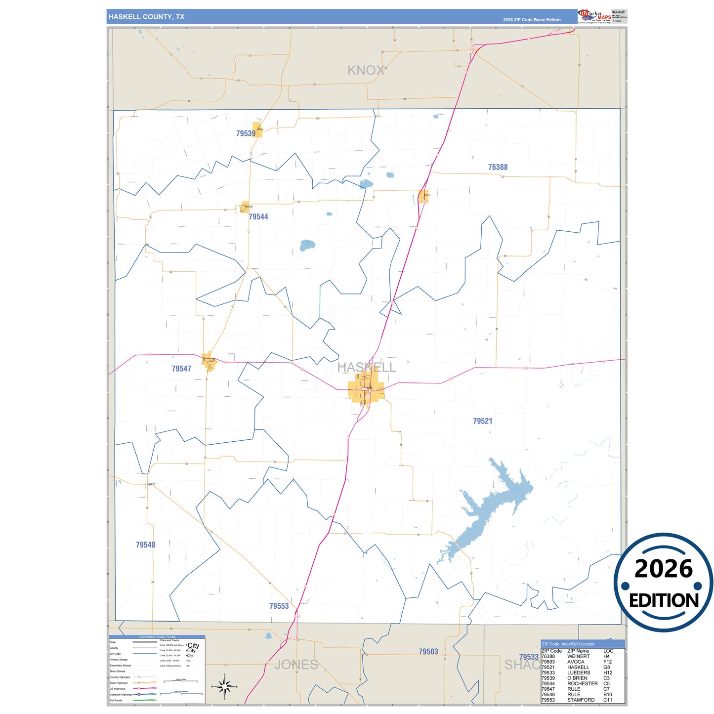 Haskell County, TX Business Reference 5 Digit ZIP Code Wall Map