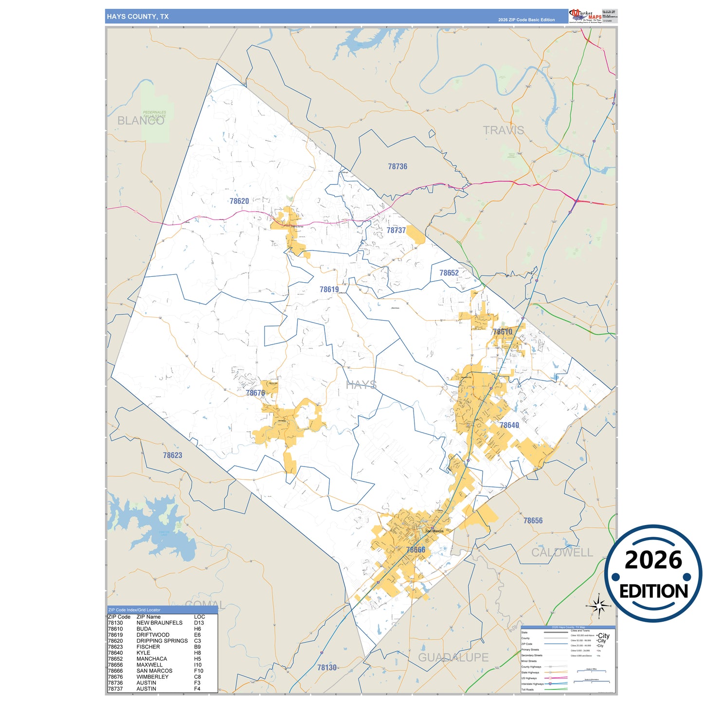 Hays County, TX Business Reference 5 Digit ZIP Code Wall Map