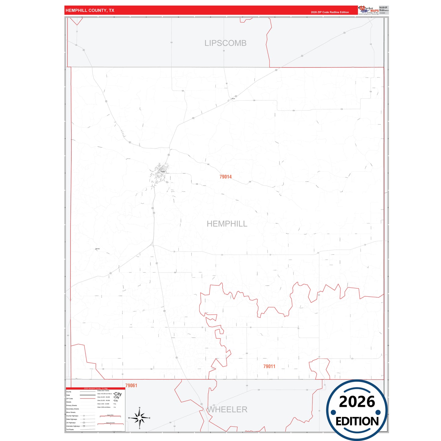 Hemphill County, TX Red Line 5 Digit ZIP Code Wall Map