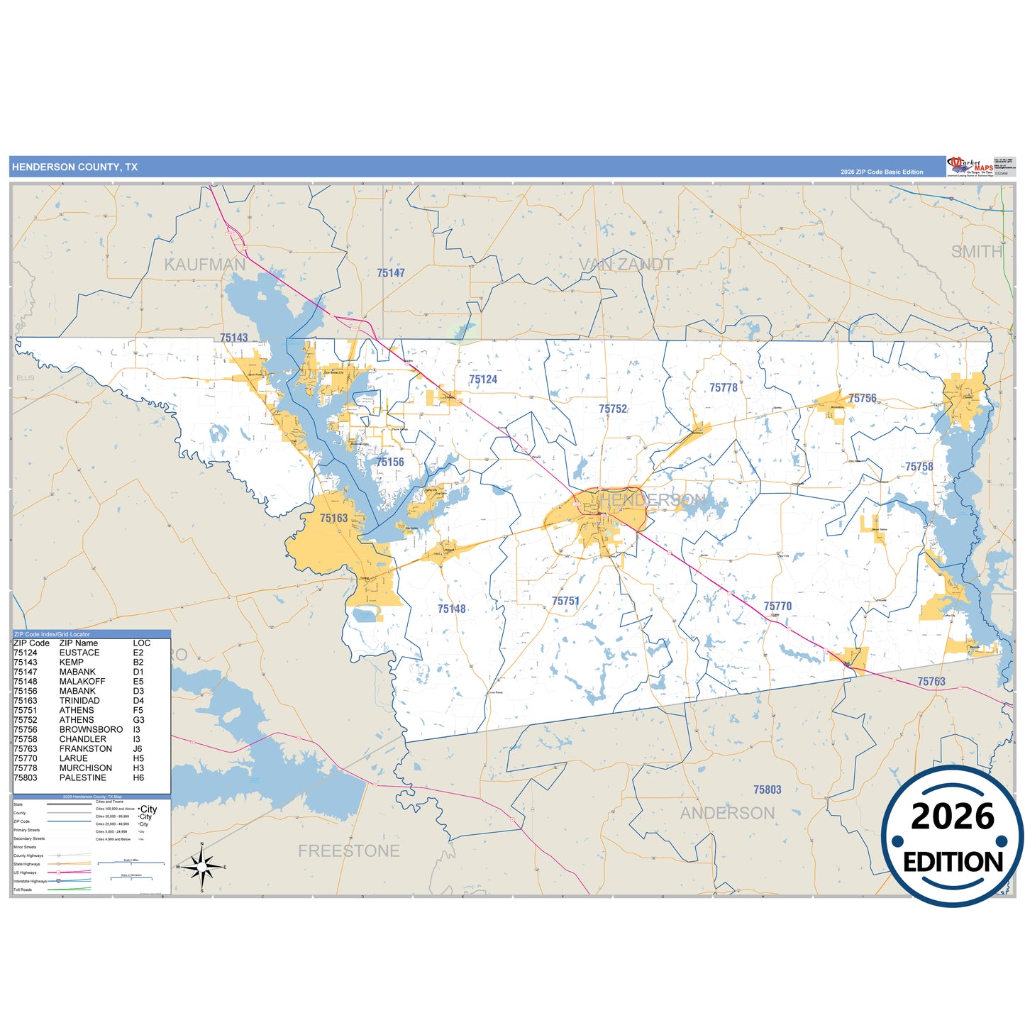 Henderson County, TX Business Reference 5 Digit ZIP Code Wall Map