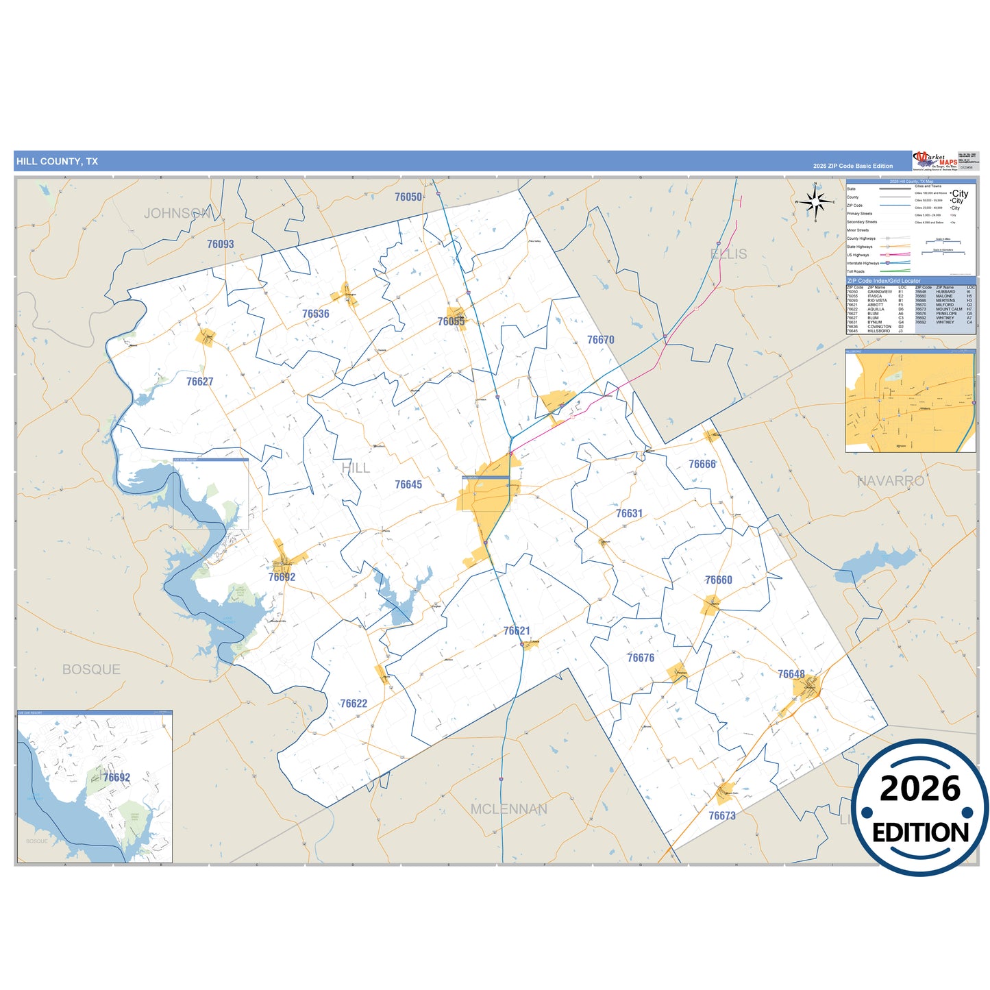 Hill County, TX Business Reference 5 Digit ZIP Code Wall Map