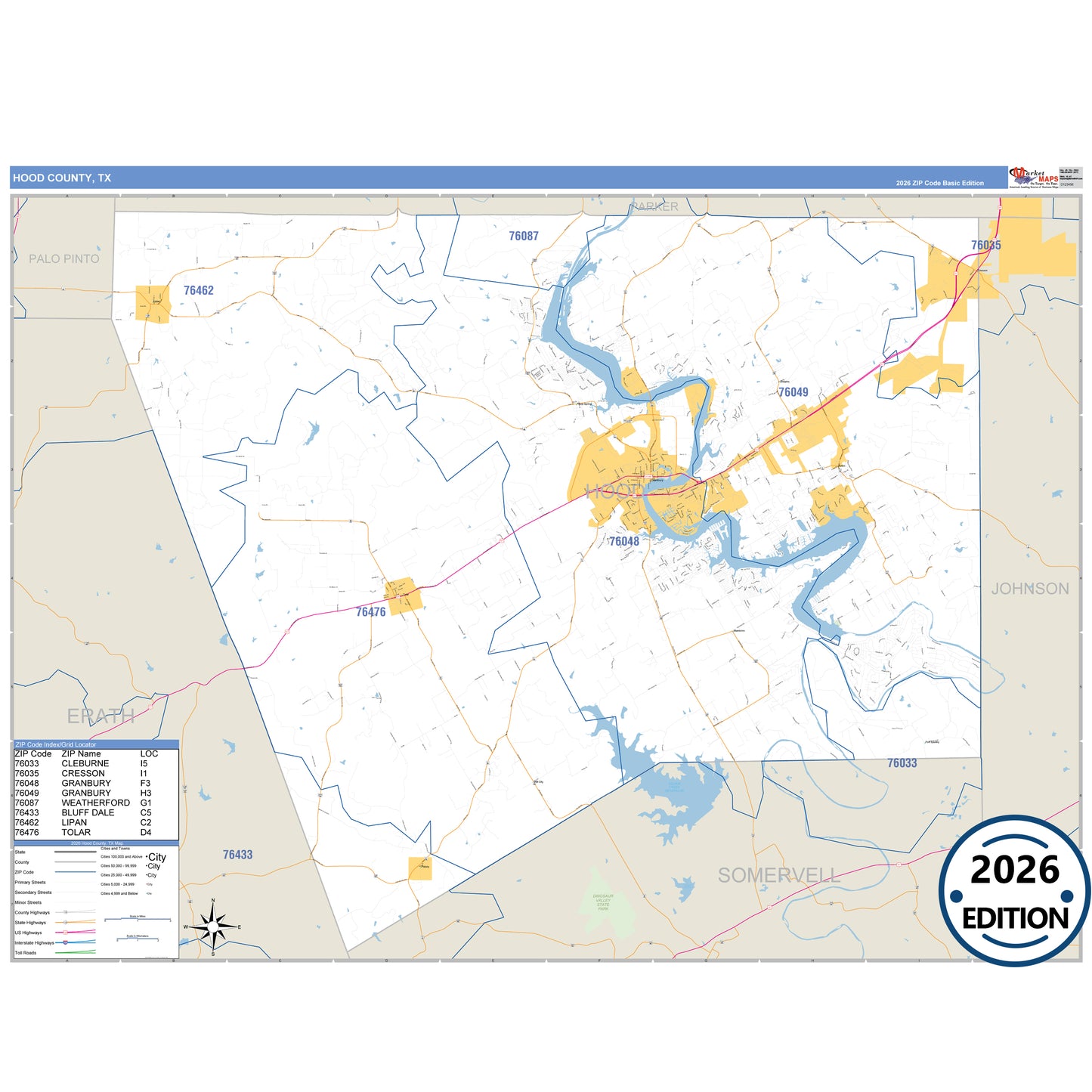 Hood County, TX Business Reference 5 Digit ZIP Code Wall Map