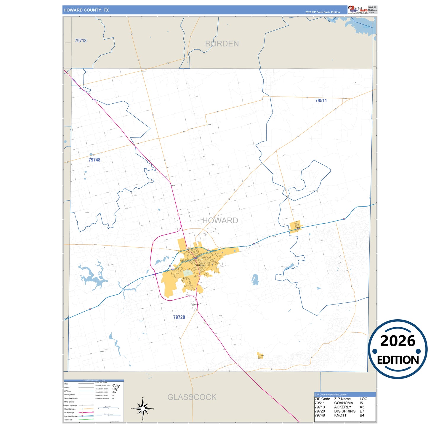 Howard County, TX Business Reference 5 Digit ZIP Code Wall Map