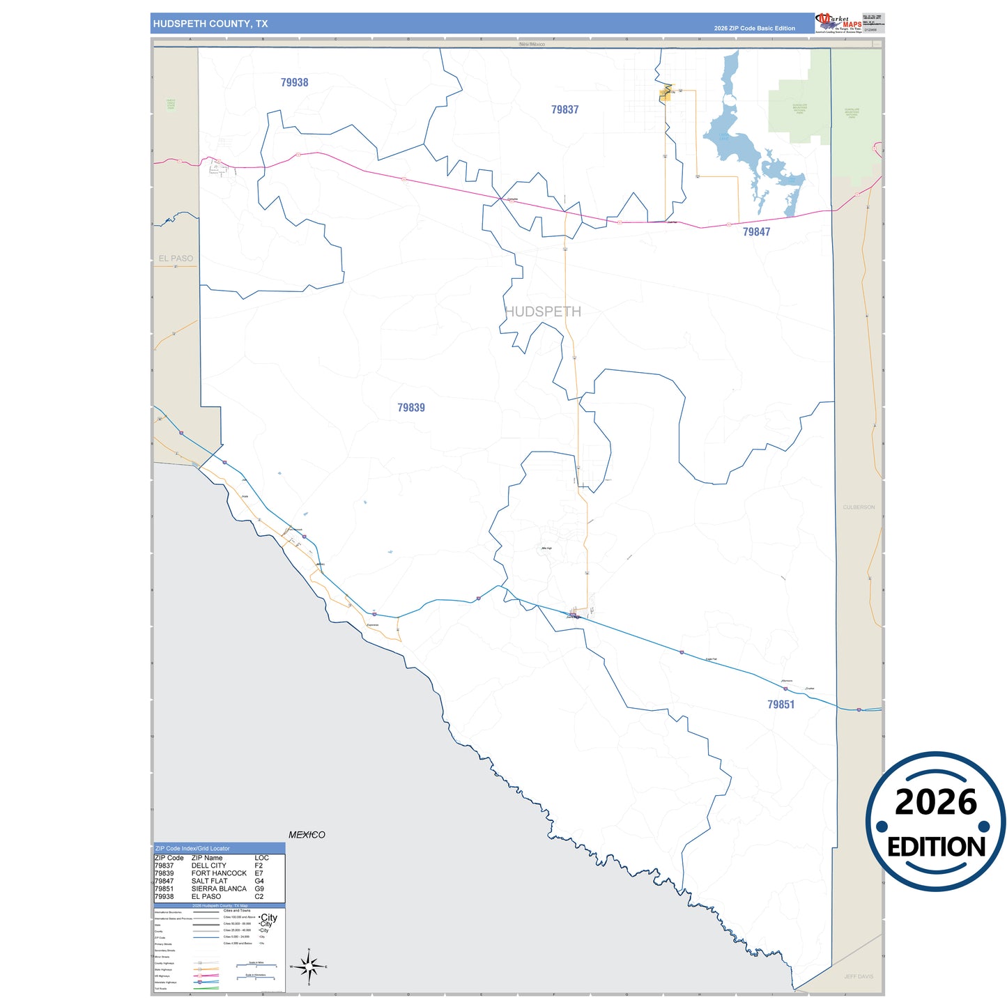 Hudspeth County, TX Business Reference 5 Digit ZIP Code Wall Map