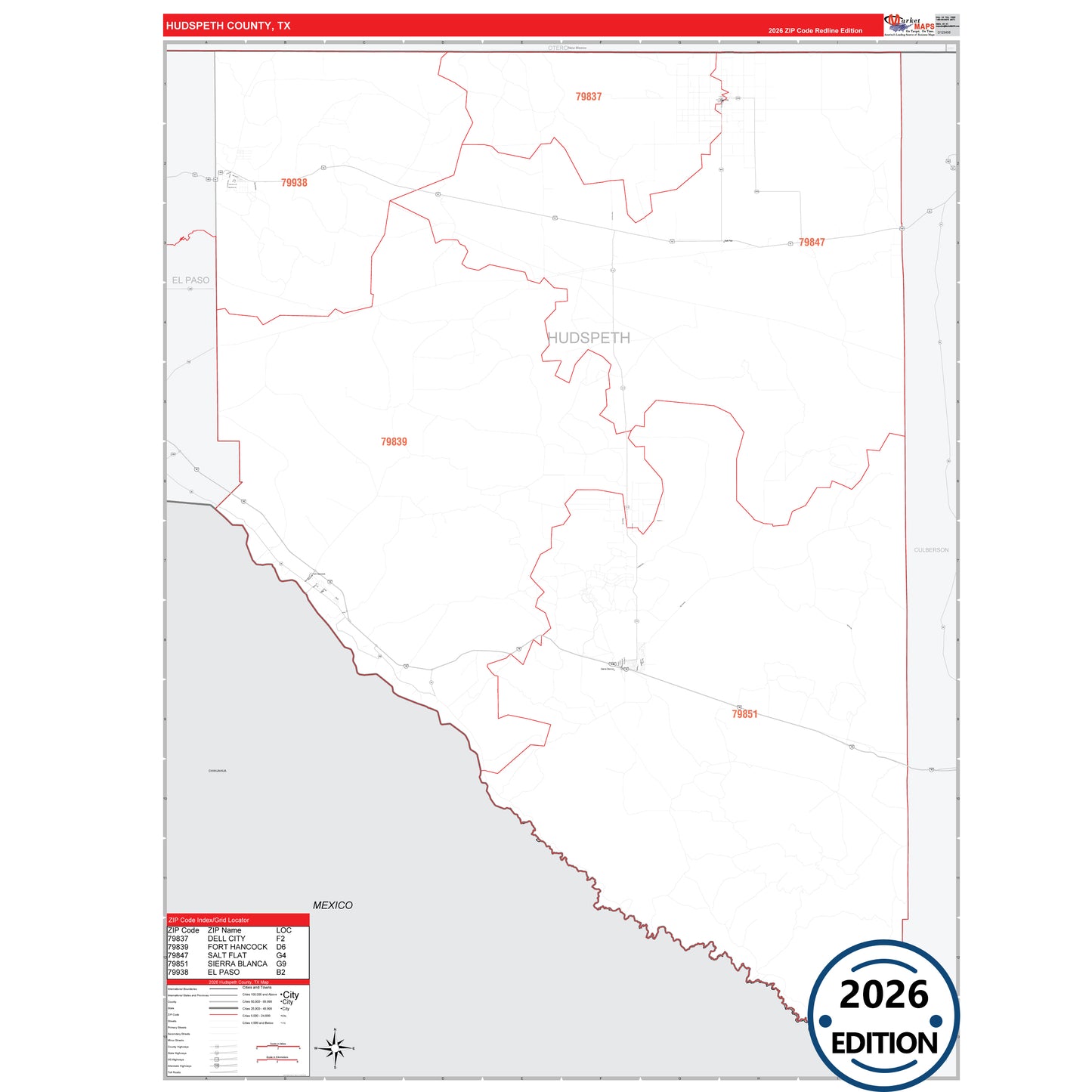 Hudspeth County, TX Red Line 5 Digit ZIP Code Wall Map