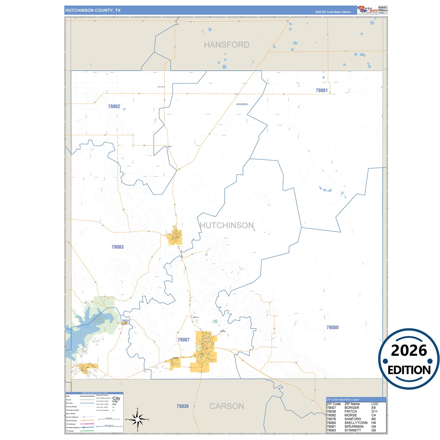 Hutchinson County, TX Business Reference 5 Digit ZIP Code Wall Map